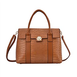 Croc Embossed Satchel Tote Bag with Shoulder Strap - Black