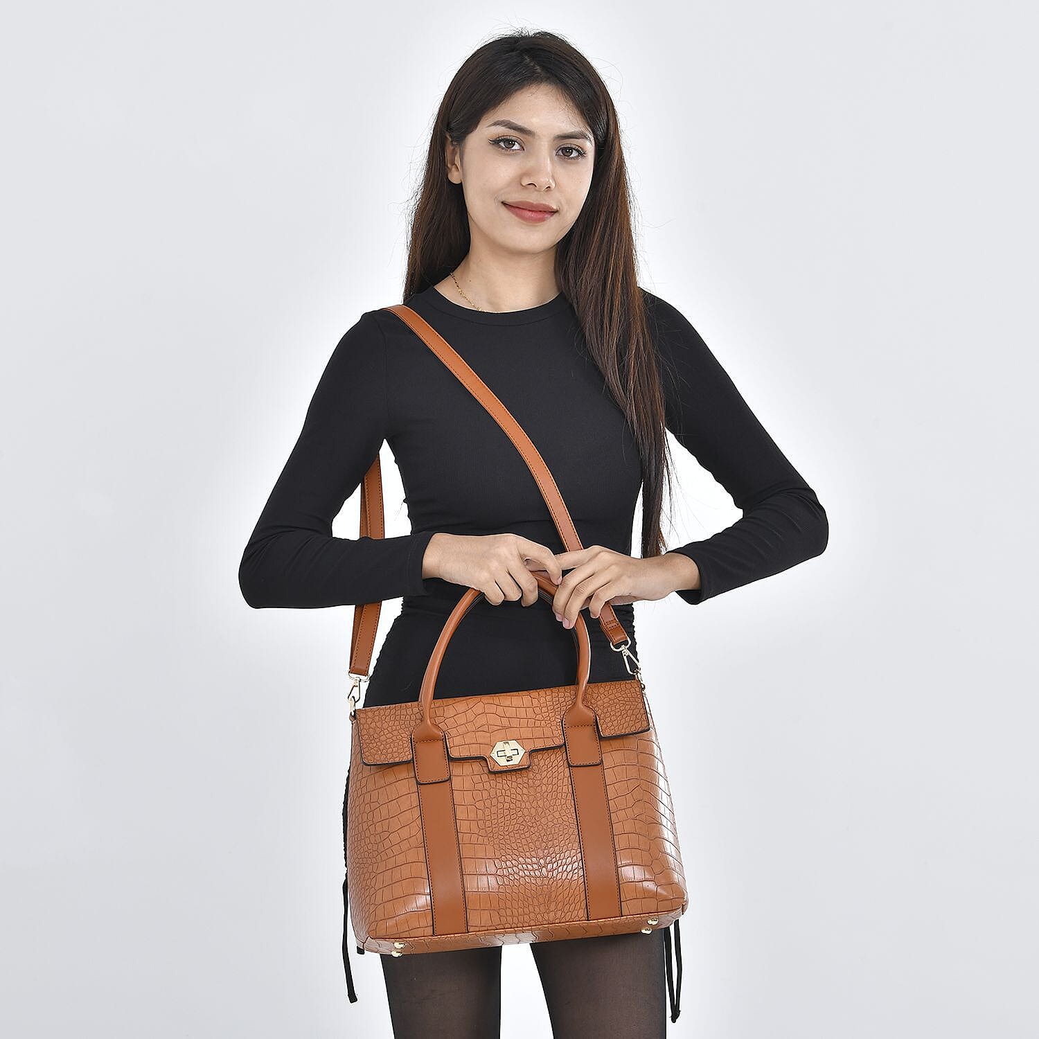 High Luxe Croc Embossed Fully Lined Bag with Twist Lock and Detachable Long Strap- Tan