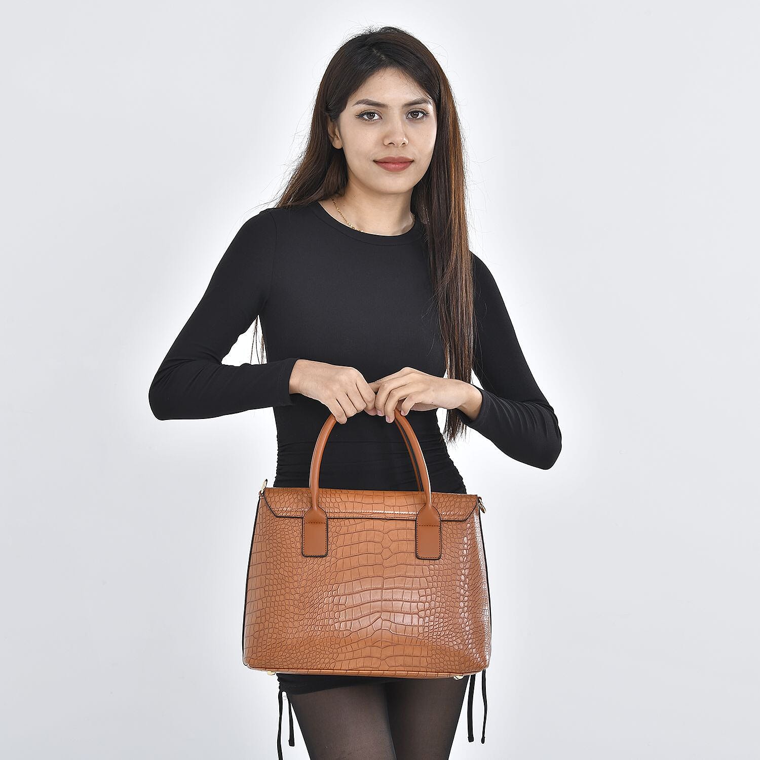 High Luxe Croc Embossed Fully Lined Bag with Twist Lock and Detachable Long Strap- Tan