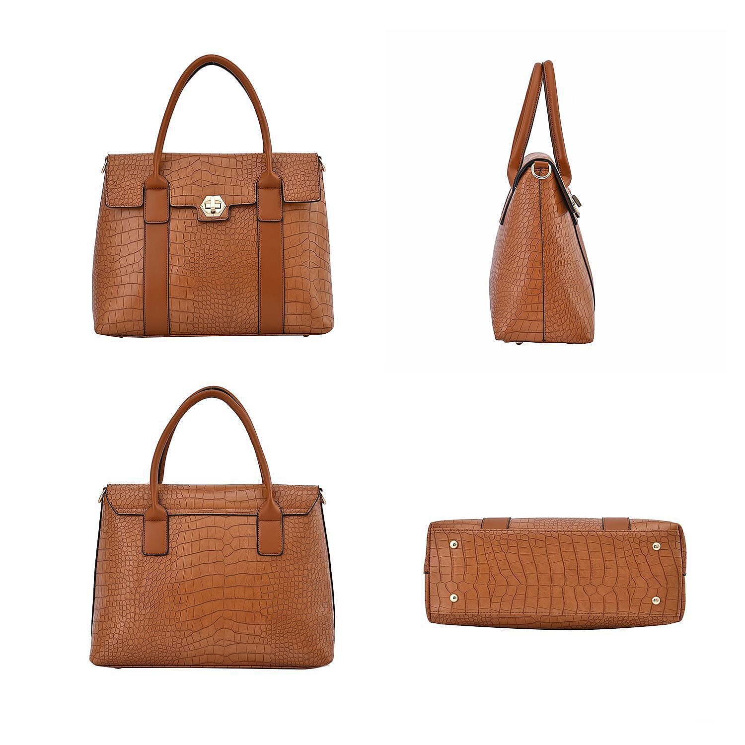 High Luxe Croc Embossed Fully Lined Bag with Twist Lock and Detachable Long Strap- Tan