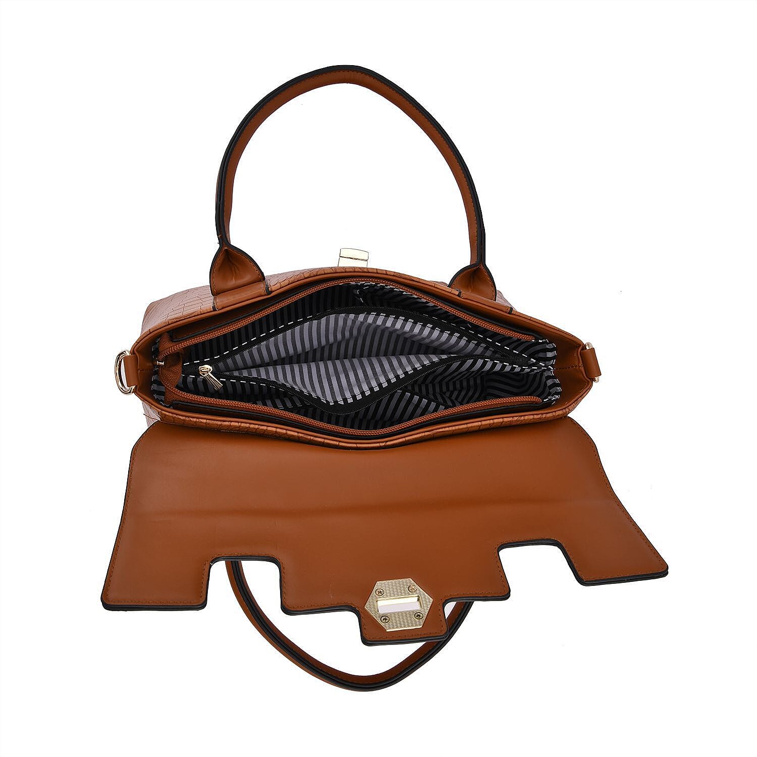 High Luxe Croc Embossed Fully Lined Bag with Twist Lock and Detachable Long Strap- Tan