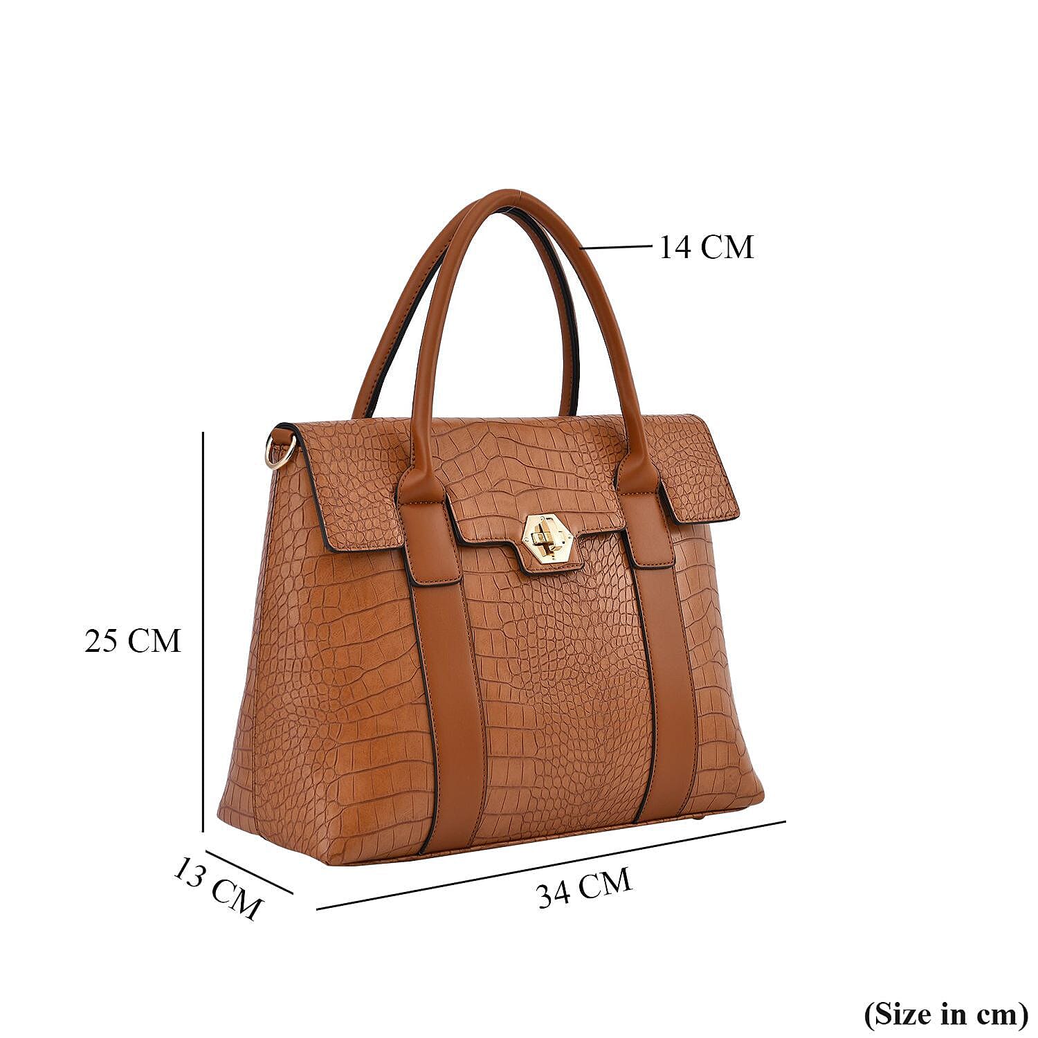 High Luxe Croc Embossed Fully Lined Bag with Twist Lock and Detachable Long Strap- Tan