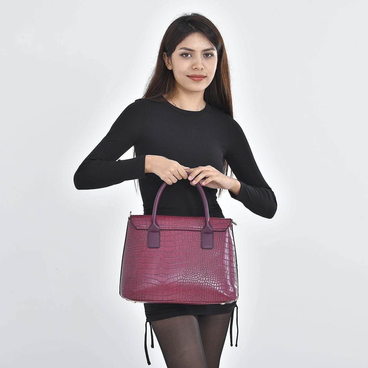 Croc Embossed Satchel Tote Bag with Shoulder Strap (Size 34x25x13 cm) - OX Blood