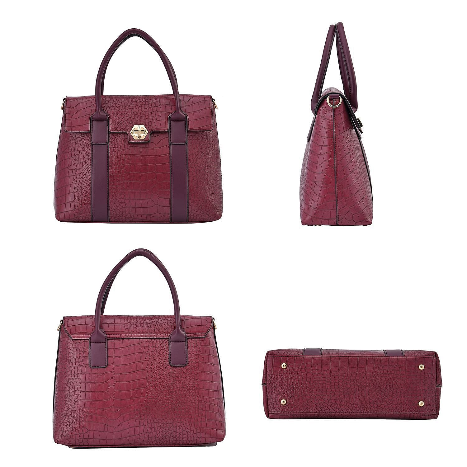Croc Embossed Satchel Tote Bag with Shoulder Strap (Size 34x25x13 cm) - OX Blood