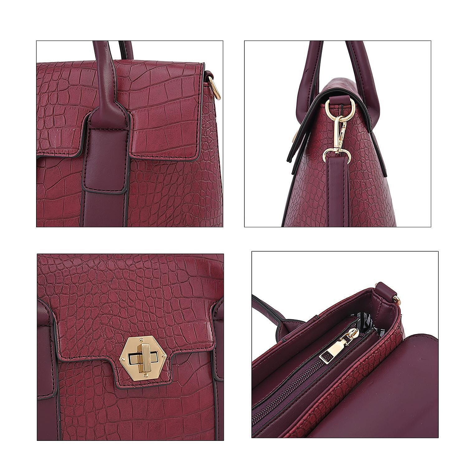 Croc Embossed Satchel Tote Bag with Shoulder Strap (Size 34x25x13 cm) - OX Blood