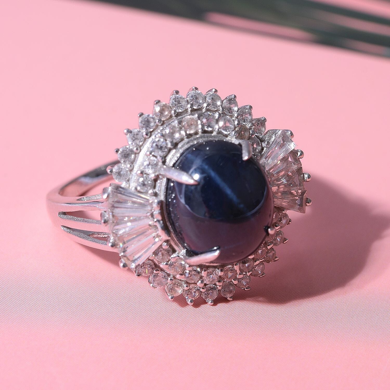 Star Blue Sapphire and Natural Zircon Ring in Rhodium Overlay Sterling Silver 7.41 Ct.