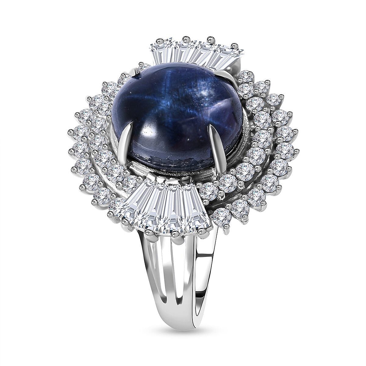 Star Blue Sapphire and Natural Zircon Ring in Rhodium Overlay Sterling Silver 7.41 Ct.