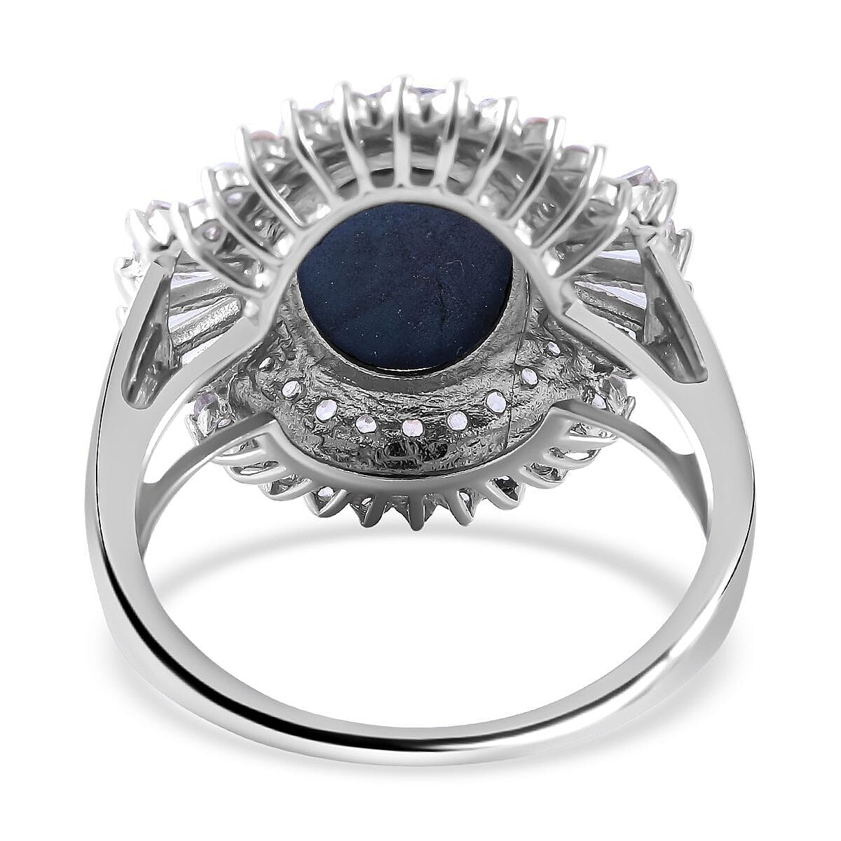 Star Blue Sapphire and Natural Zircon Ring in Rhodium Overlay Sterling Silver 7.41 Ct.