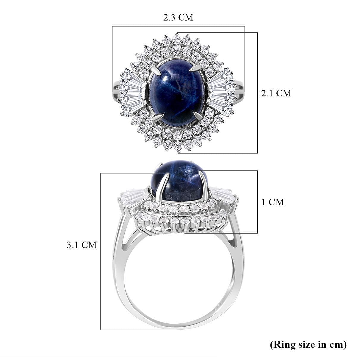 Star Blue Sapphire and Natural Zircon Ring in Rhodium Overlay Sterling Silver 7.41 Ct.