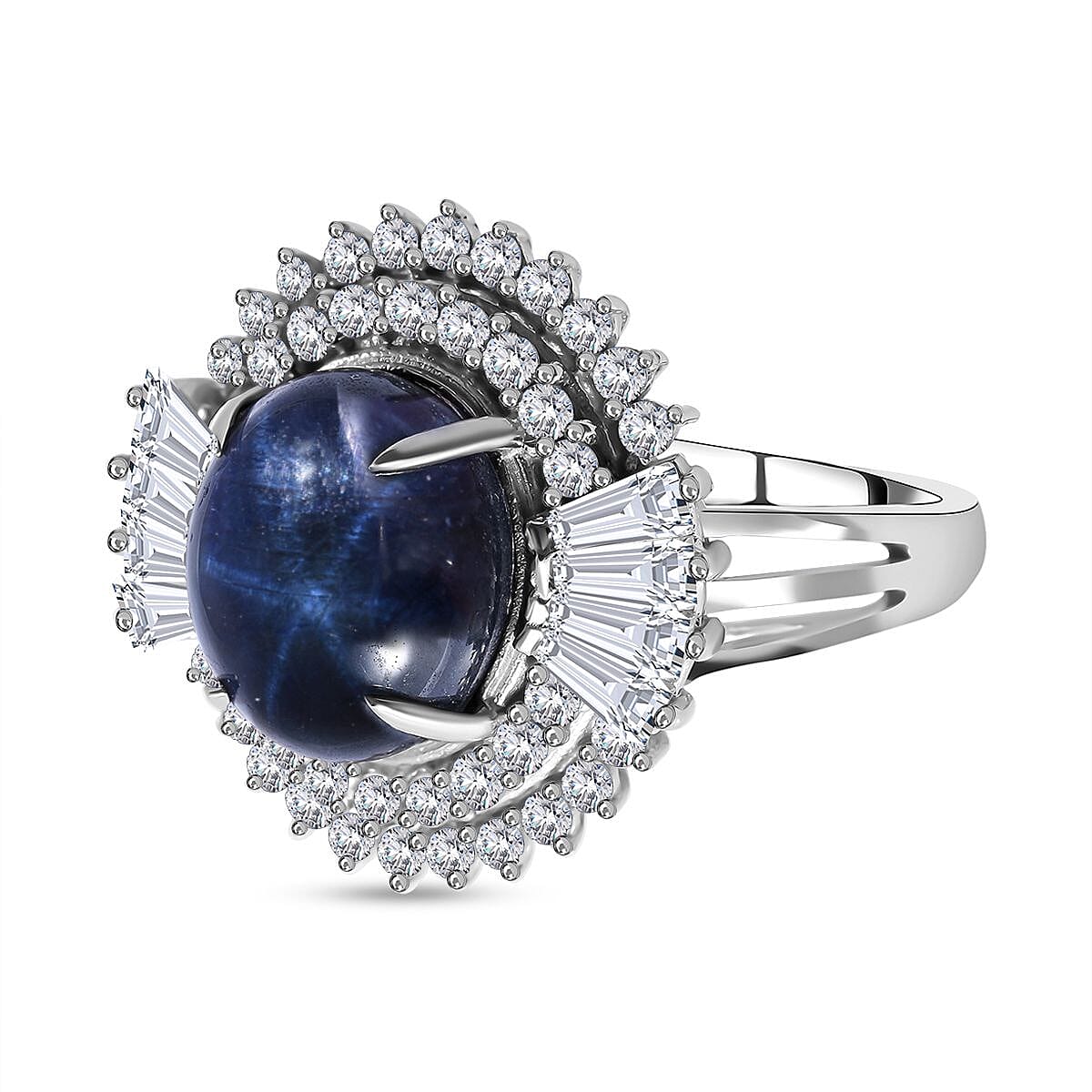 Star Blue Sapphire and Natural Zircon Ring in Rhodium Overlay Sterling Silver 7.41 Ct.