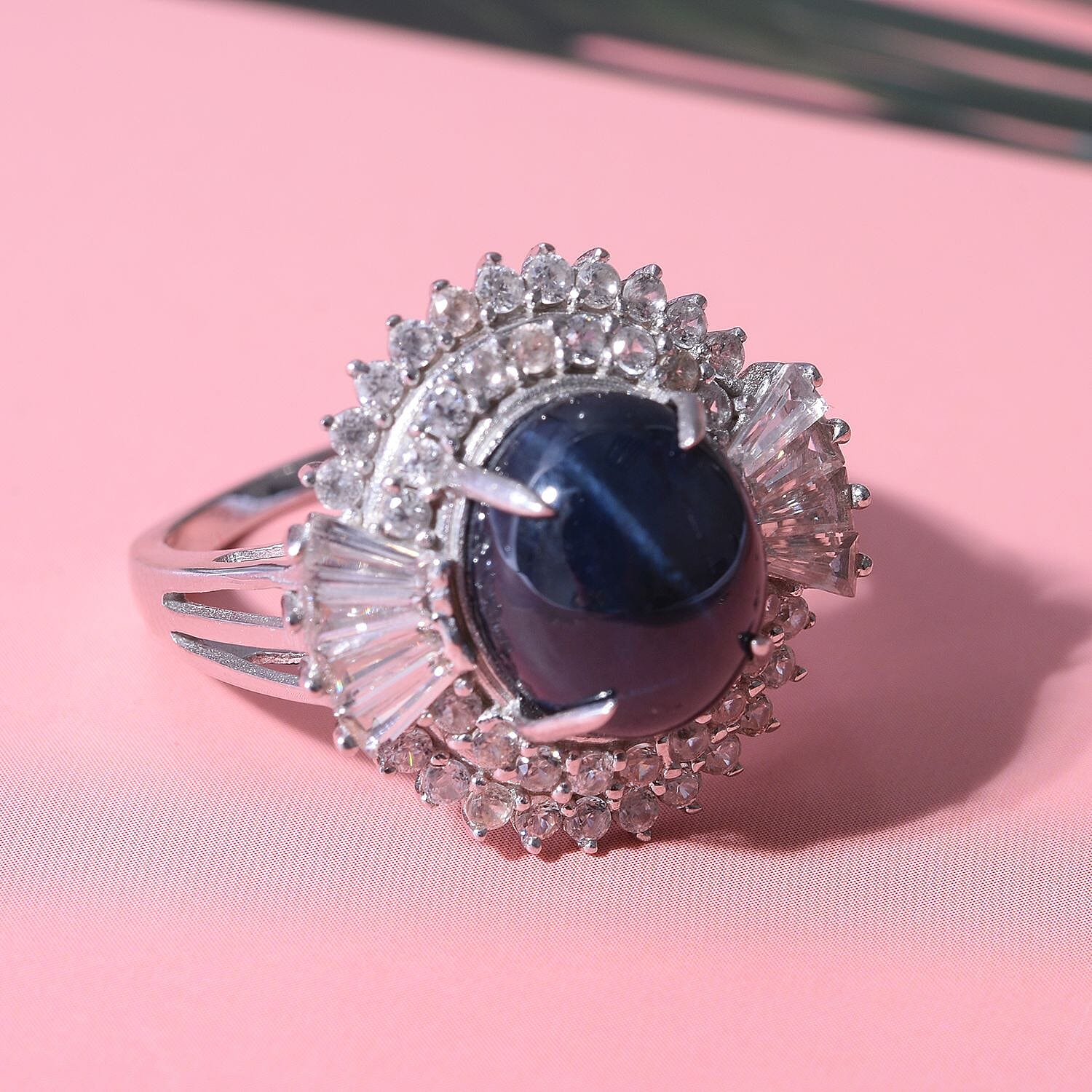 Star Blue Sapphire and Natural Zircon Ring in Rhodium Overlay Sterling Silver 7.41 Ct.