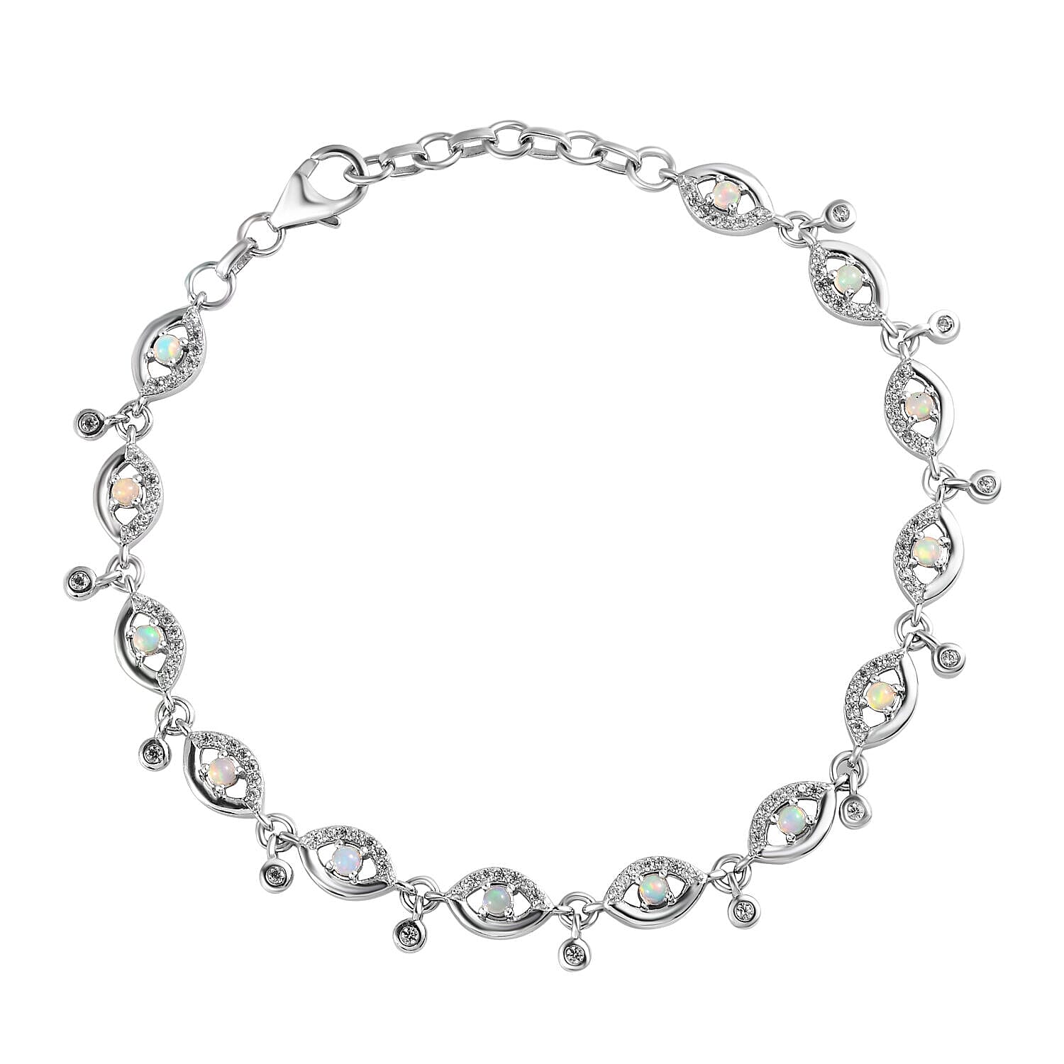 GP Evil Eye Collection - Ethiopian Welo Opal and Natural Cambodian Zircon Bracelet (Size - 7.5 with 1 Inch Extender) in Platinum Overlay Sterling Silver 1.84 Ct, Silver Wt. 9.50 Gms.
