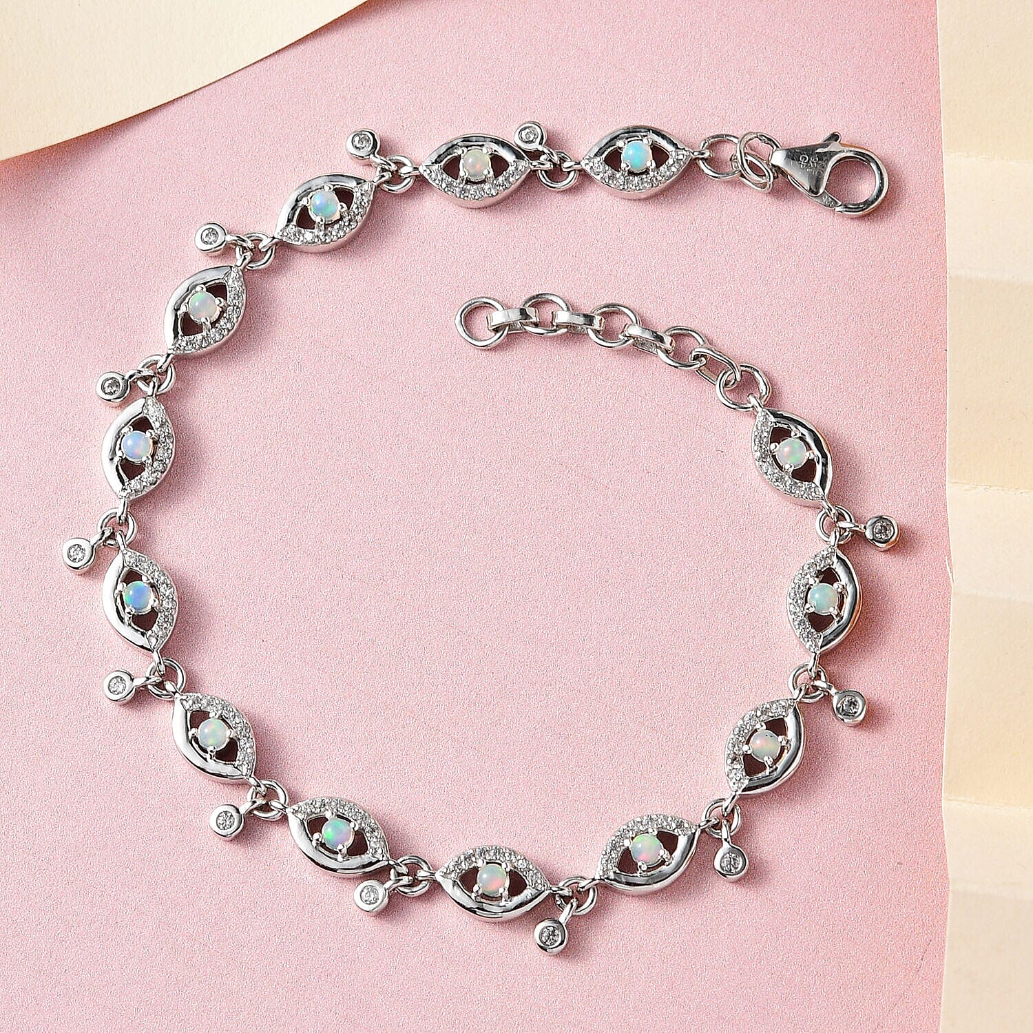 GP Evil Eye Collection - Ethiopian Welo Opal and Natural Cambodian Zircon Bracelet (Size - 7.5 with 1 Inch Extender) in Platinum Overlay Sterling Silver 1.84 Ct, Silver Wt. 9.50 Gms.