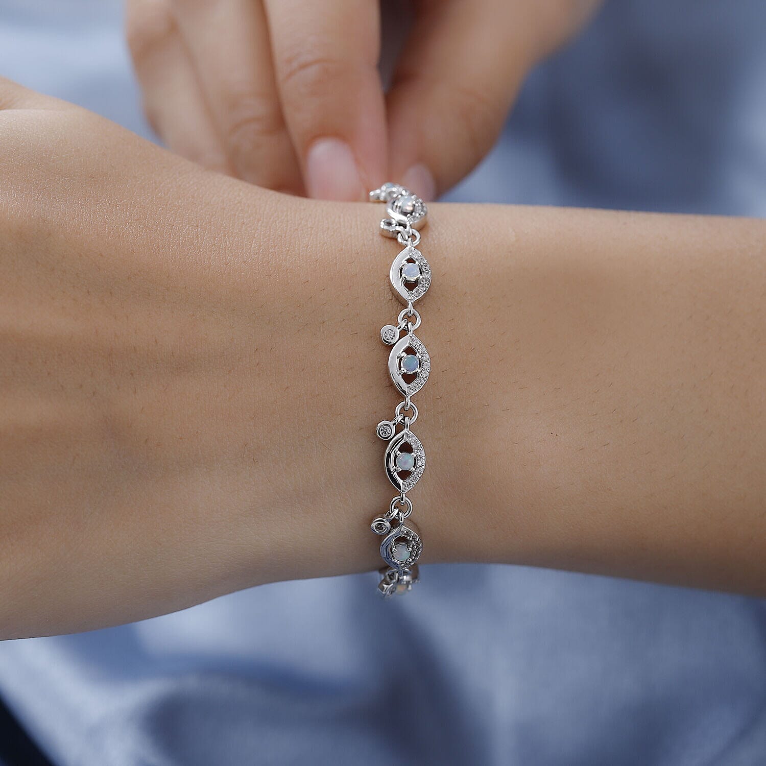 GP Evil Eye Collection - Ethiopian Welo Opal and Natural Cambodian Zircon Bracelet (Size - 7.5 with 1 Inch Extender) in Platinum Overlay Sterling Silver 1.84 Ct, Silver Wt. 9.50 Gms.