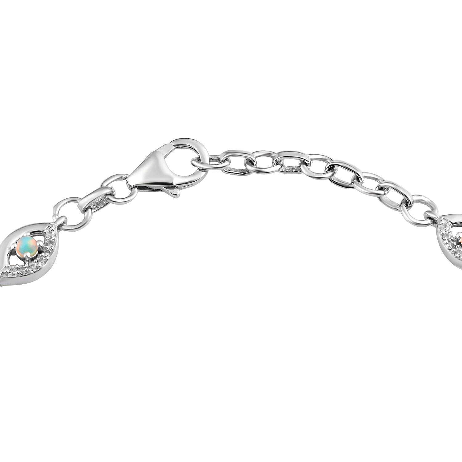GP Evil Eye Collection - Ethiopian Welo Opal and Natural Cambodian Zircon Bracelet (Size - 7.5 with 1 Inch Extender) in Platinum Overlay Sterling Silver 1.84 Ct, Silver Wt. 9.50 Gms.