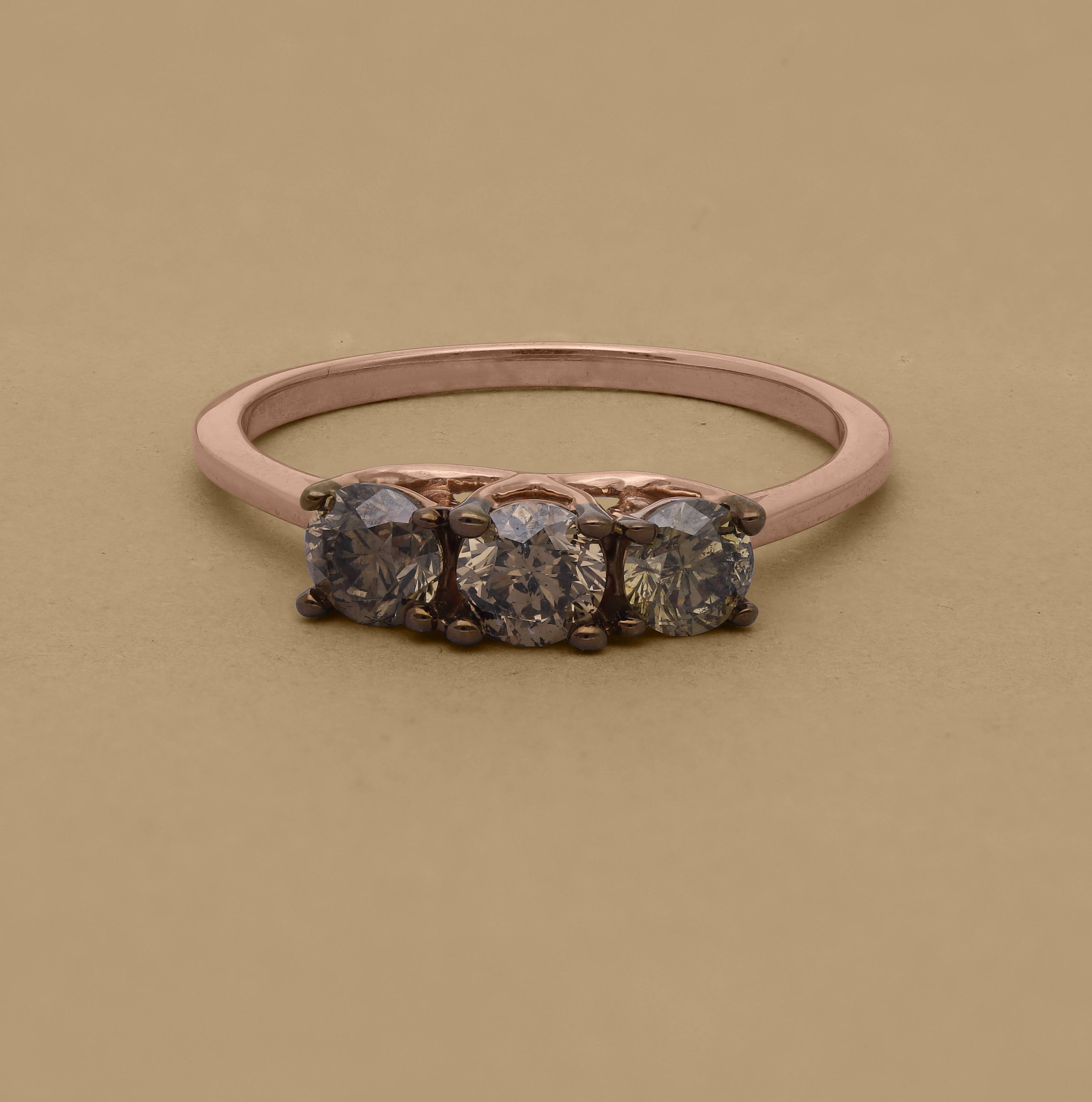 14K Rose Gold SGL Certified Natural Champagne Diamond (I1-I2) 3 Stone Ring 1.00 Ct