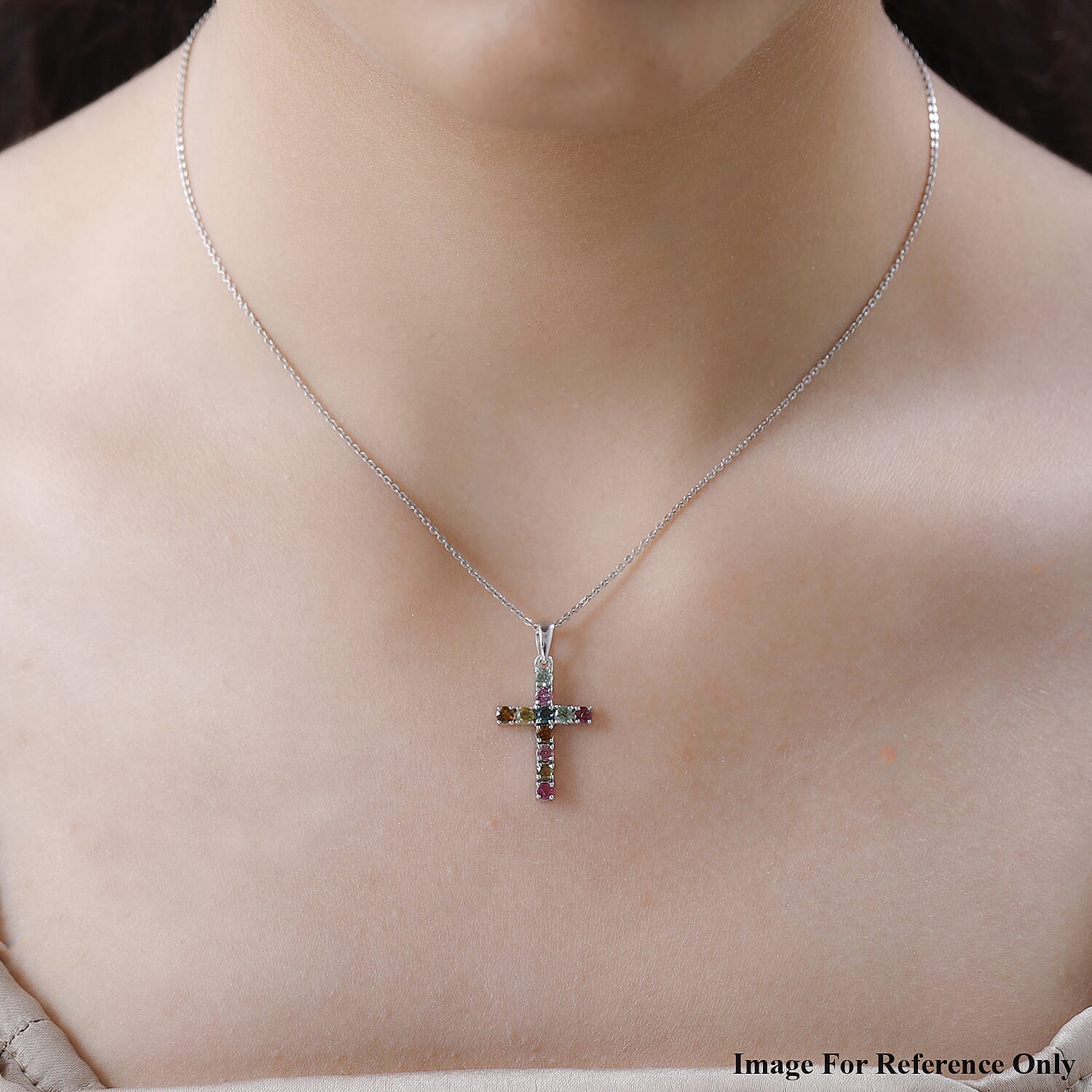 9K White Gold Multi-Tourmaline Cross Pendant