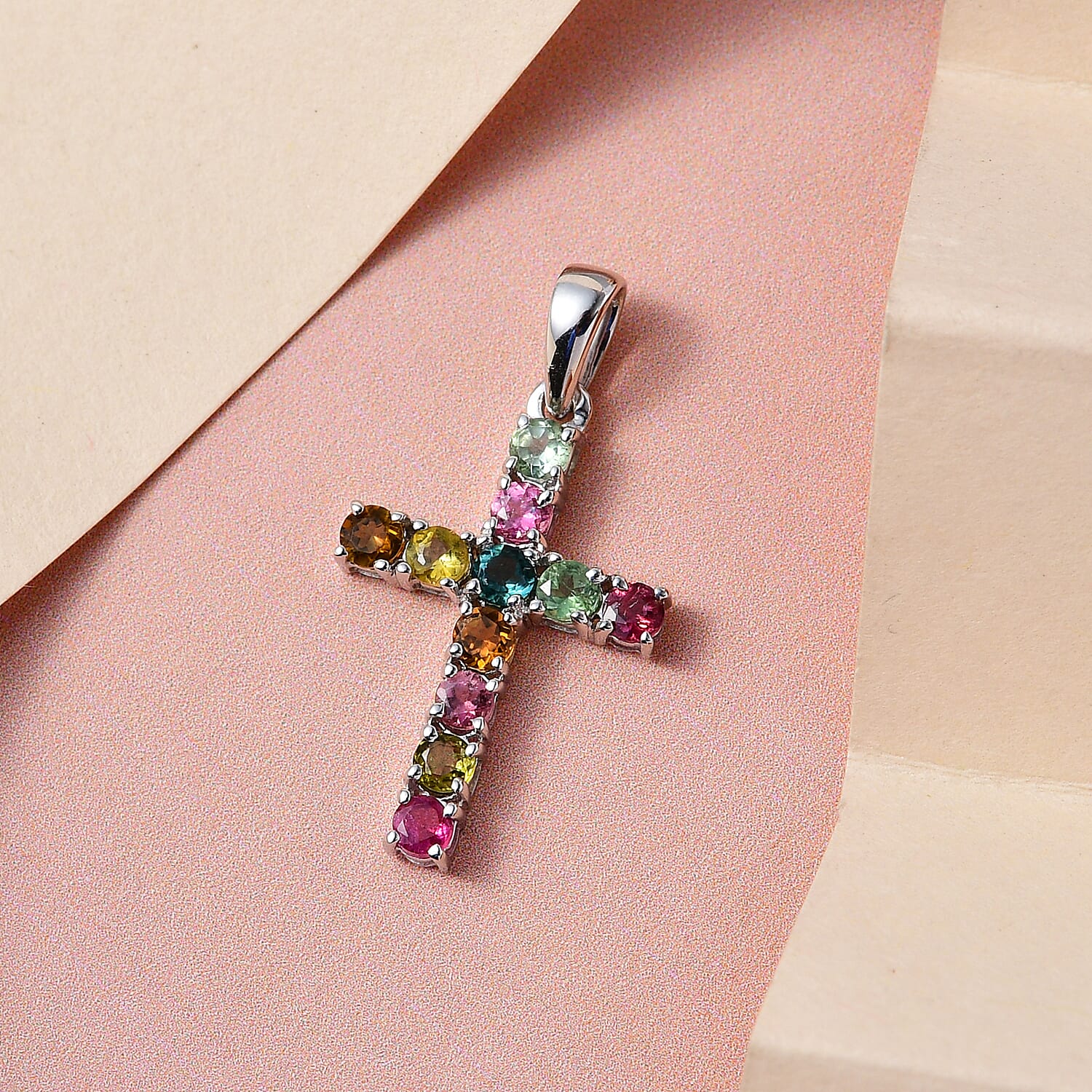 9K White Gold Multi-Tourmaline Cross Pendant