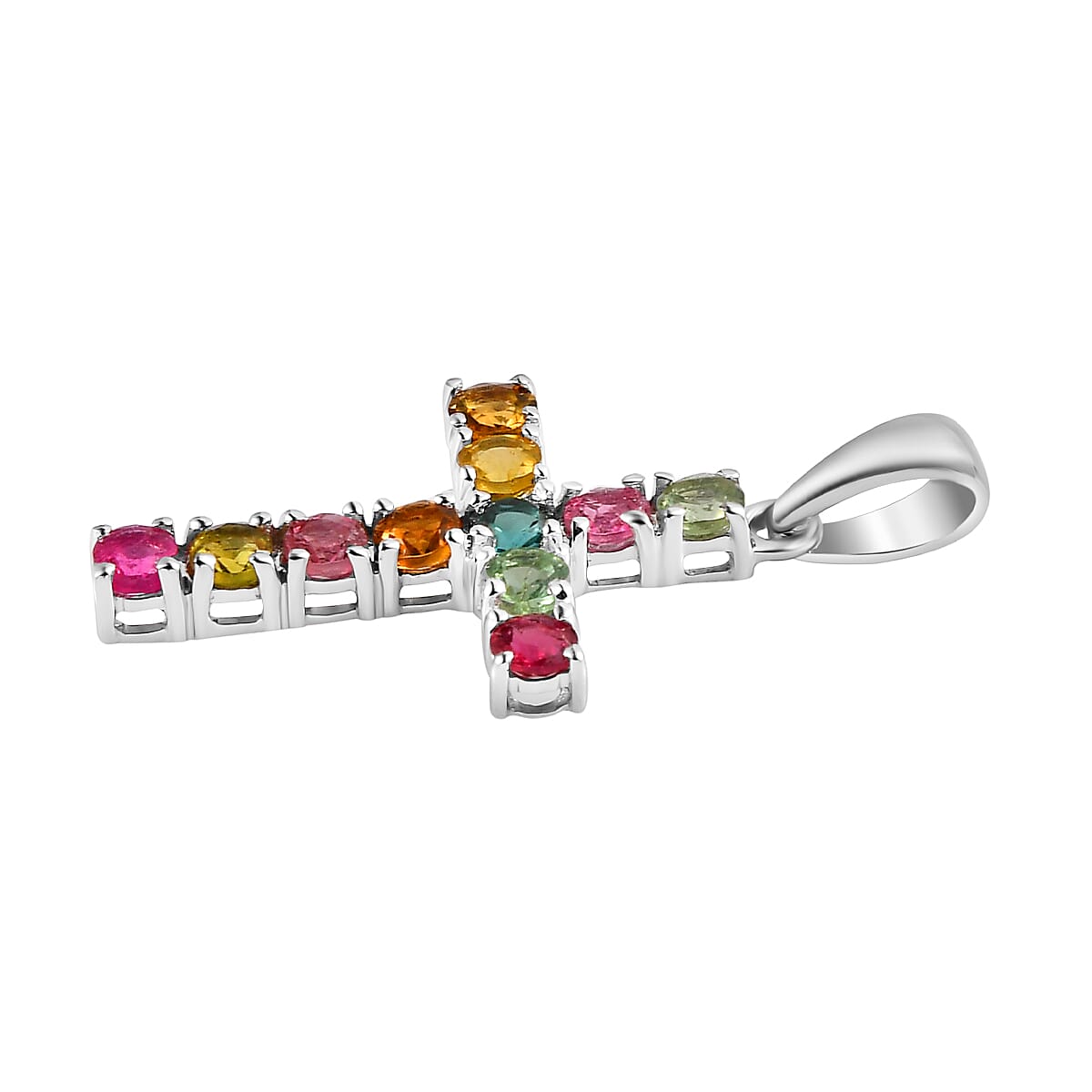 9K White Gold Multi-Tourmaline Cross Pendant