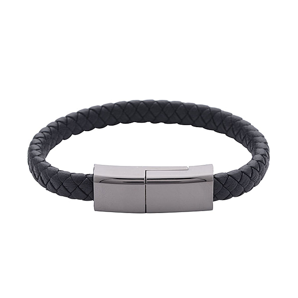 Leather USB Charging Cable Bracelet (Size - 8) in Black Tone - 7258025 ...