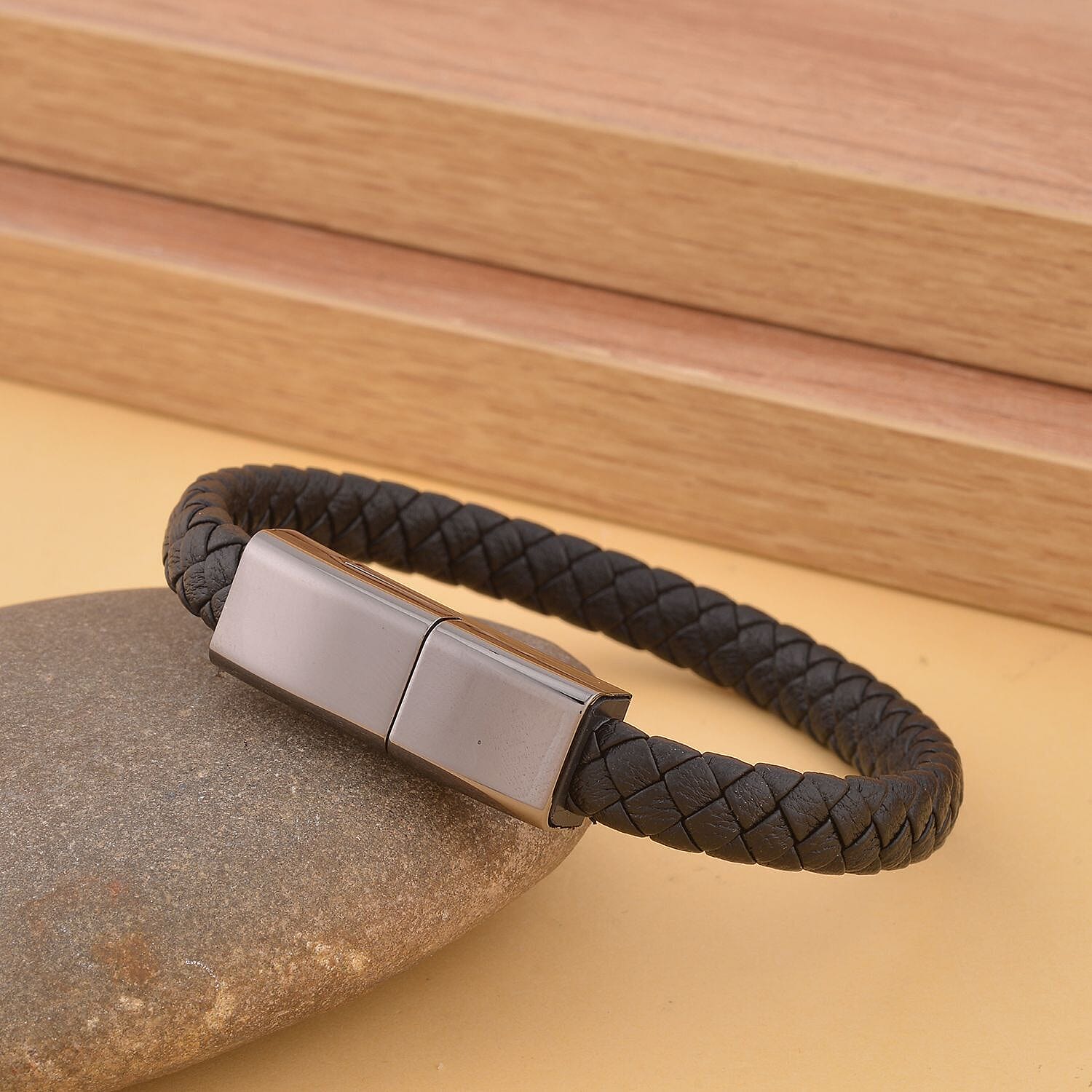 Leather USB Charging Cable Bracelet (Size - 7.5) in Black Tone