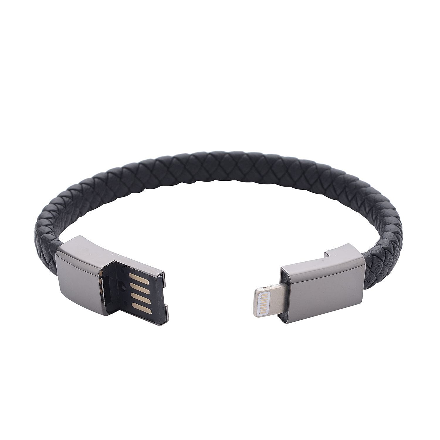 Leather USB Charging Cable Bracelet (Size - 7.5) in Black Tone