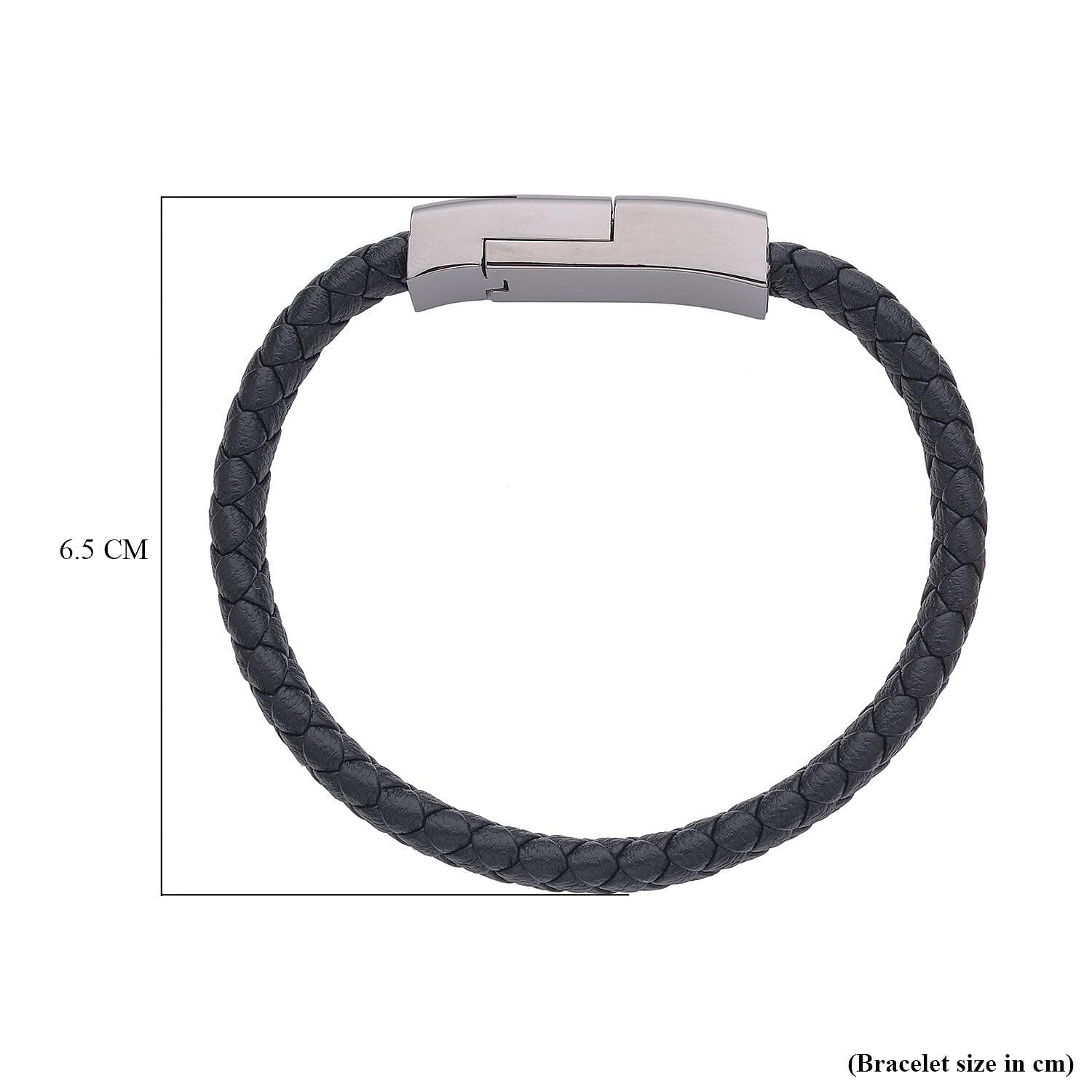 Leather USB Charging Cable Bracelet (Size - 7.5) in Black Tone