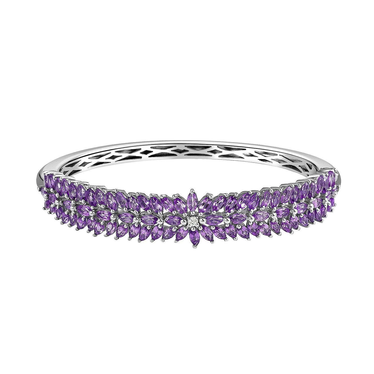 Amethyst and Natural Zircon Bangle (Size 7.5) in Platinum Overlay Sterling Silver 11.78 Ct, Silver Wt. 21.50 Gms