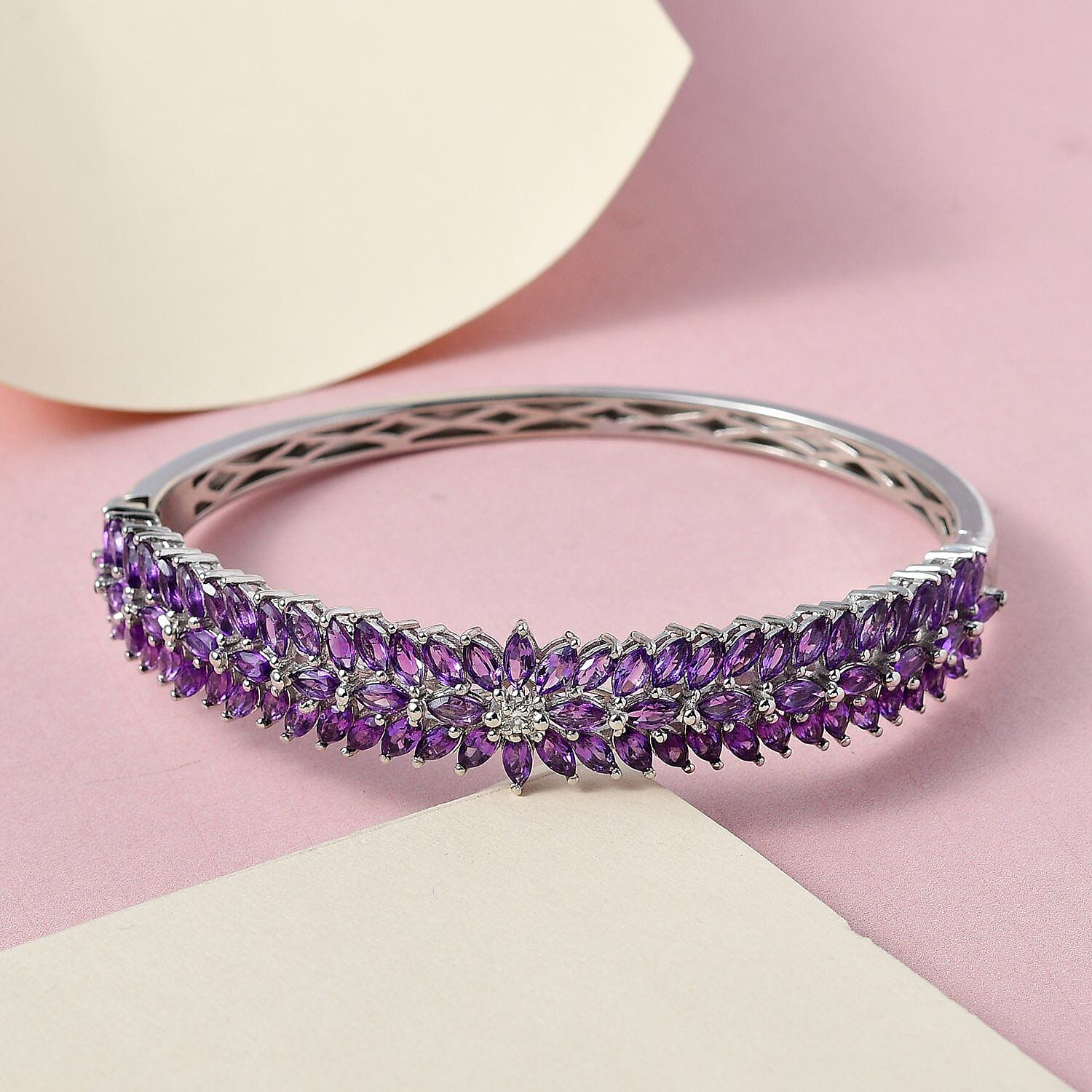 Amethyst and Natural Zircon Bangle (Size 7.5) in Platinum Overlay Sterling Silver 11.78 Ct, Silver Wt. 21.50 Gms