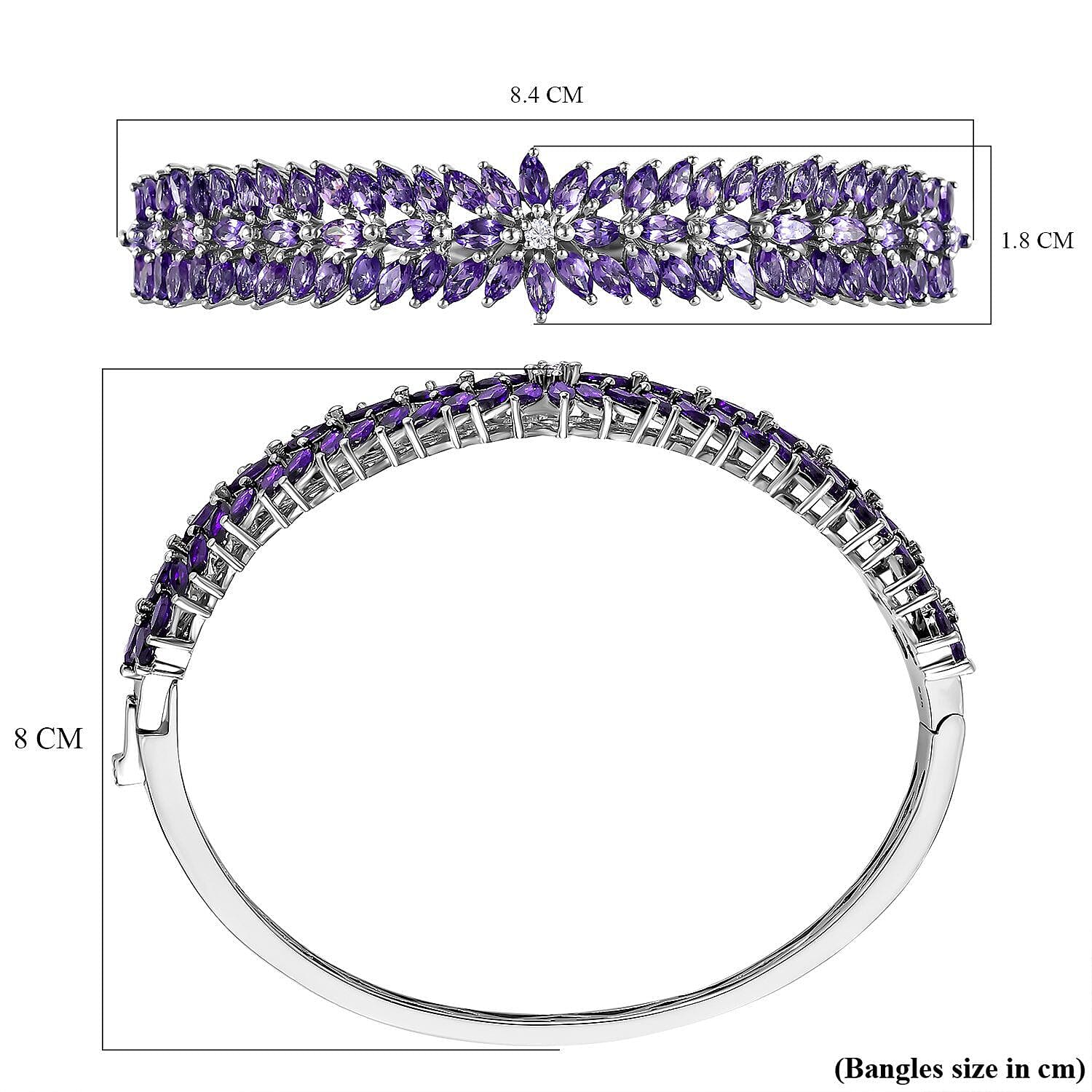Amethyst and Natural Zircon Bangle (Size 7.5) in Platinum Overlay Sterling Silver 11.78 Ct, Silver Wt. 21.50 Gms