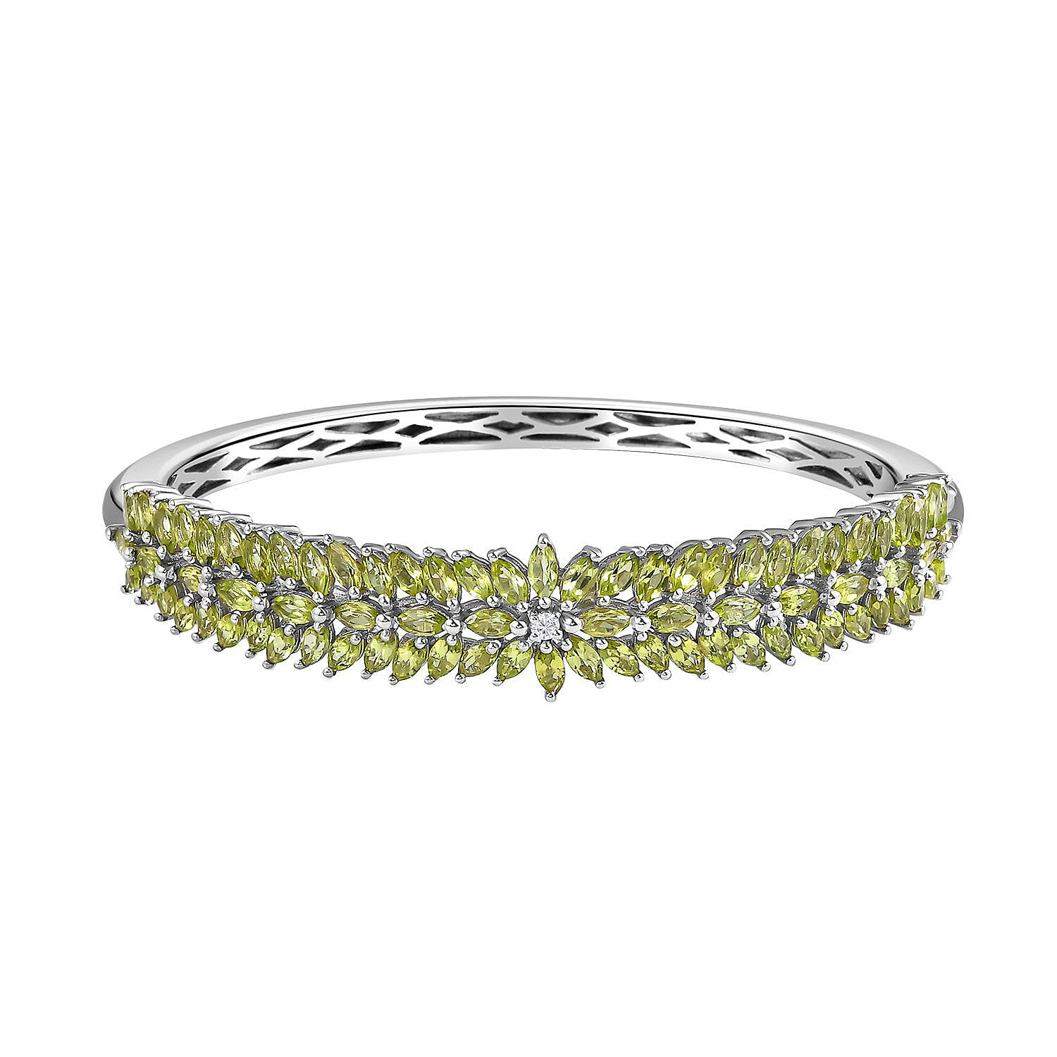 Hebei Peridot and Natural Zircon Bangle (Size - 7.5 ) in Platinum Overlay Sterling Silver 11.78 Ct, Silver Wt. 21.50 Gms
