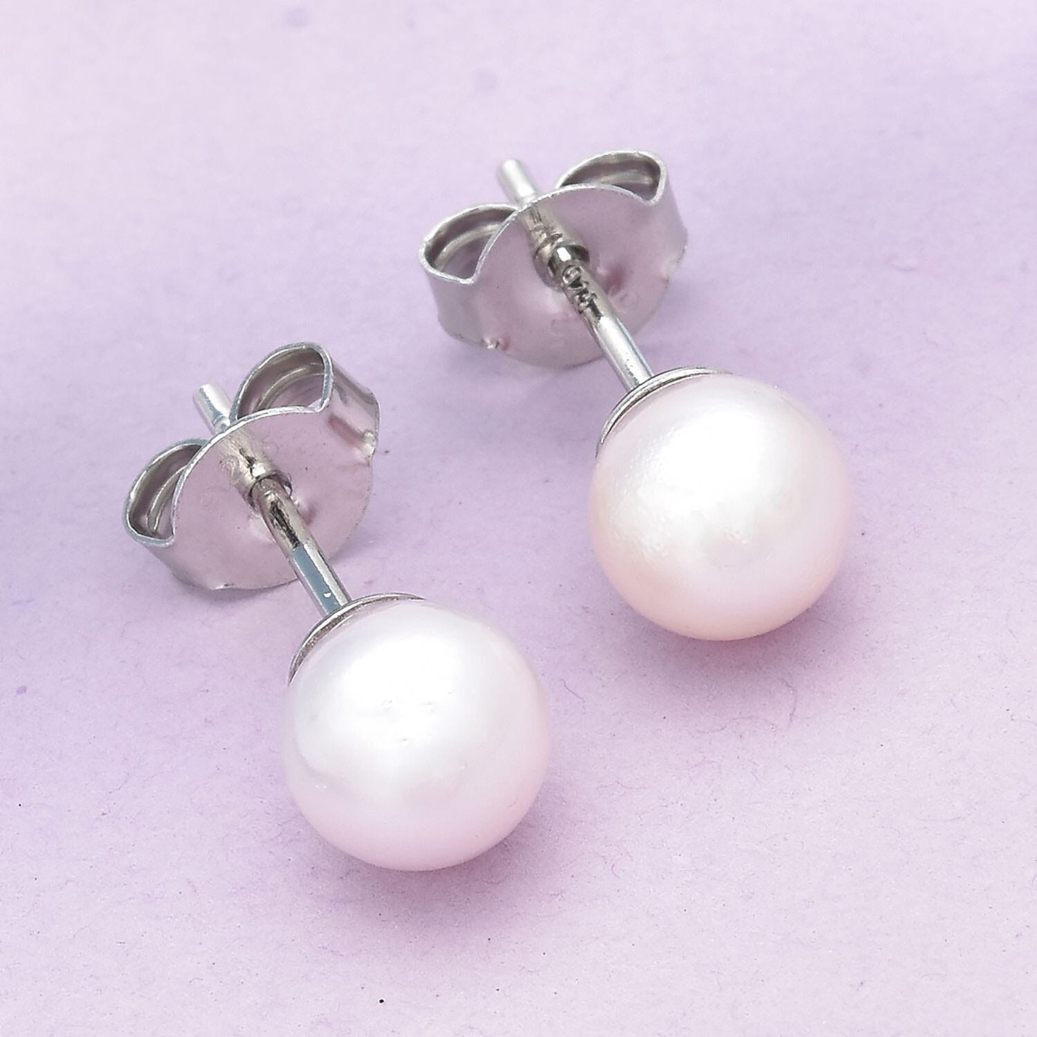 Japanese Akoya Pearl Ball Stud Earrings (with Push Back) in Rhodium Overlay Sterling Silver 
