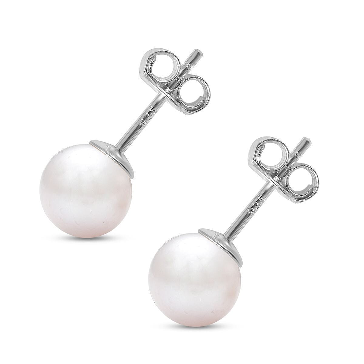 Japanese Akoya Pearl Ball Stud Earrings (with Push Back) in Rhodium Overlay Sterling Silver 