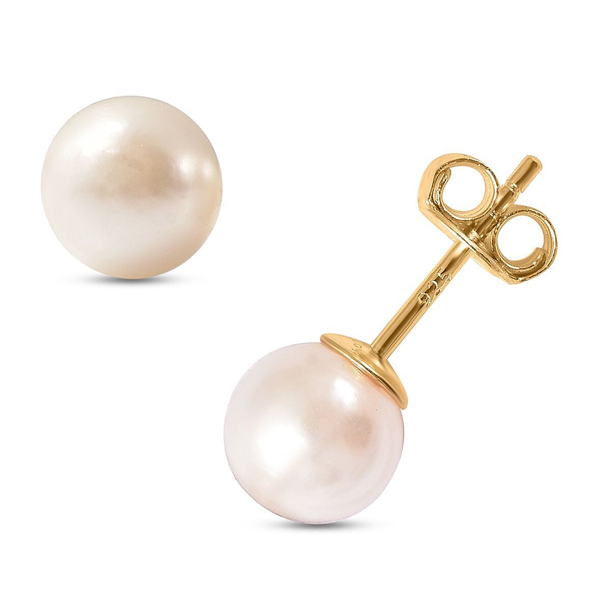 Japanese Akoya Pearl Ball Stud Earrings (With Push Back) in Yellow Gold Overlay Sterling Silver