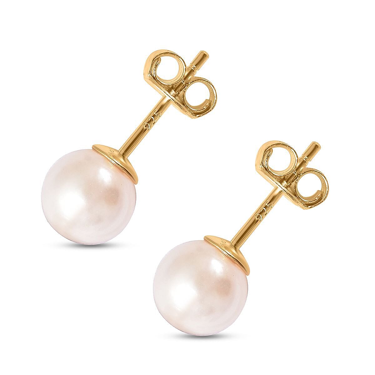 Japanese Akoya Pearl Ball Stud Earrings (With Push Back) in Yellow Gold Overlay Sterling Silver