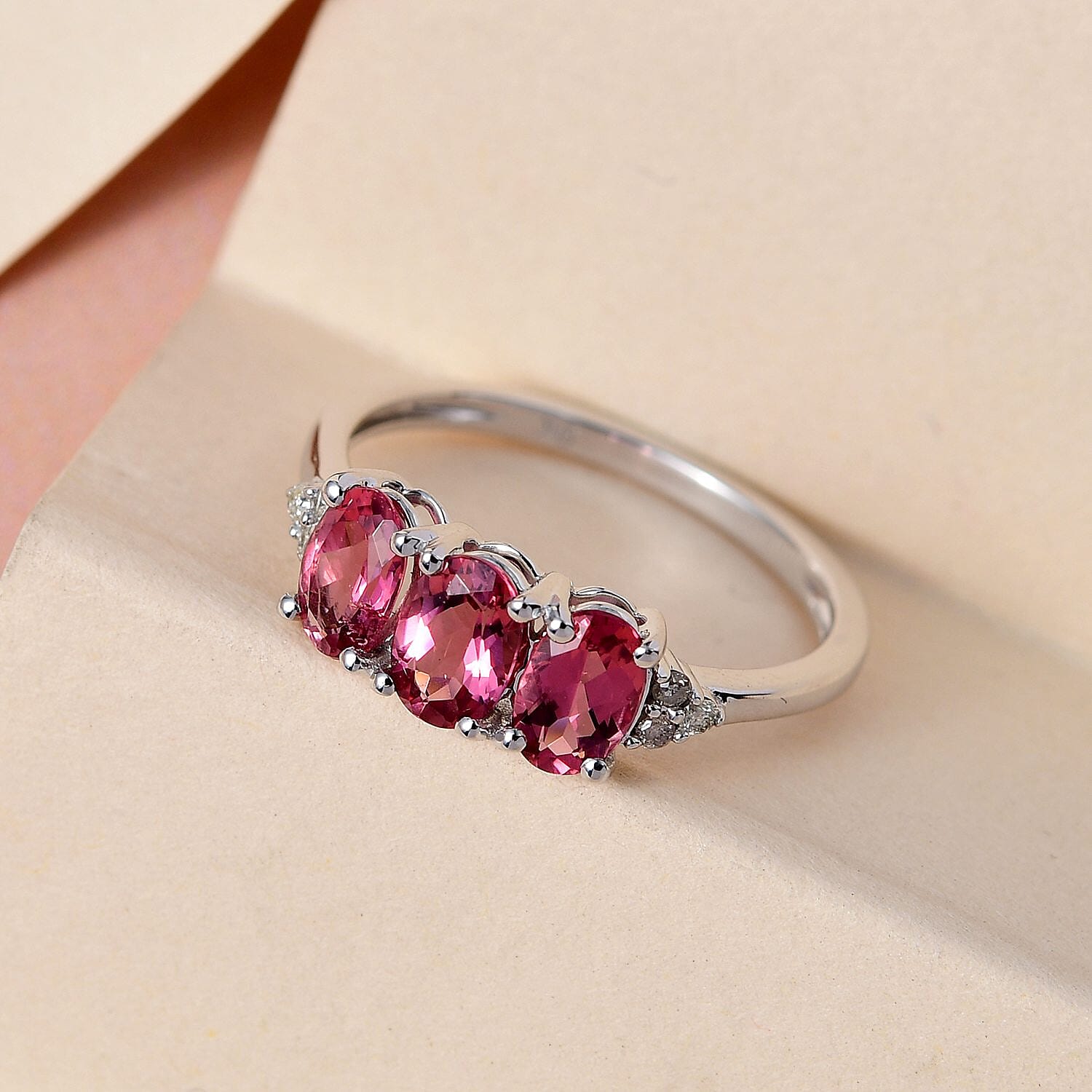 9K White Gold Rubellite and Diamond Band Ring 1.27 Ct.