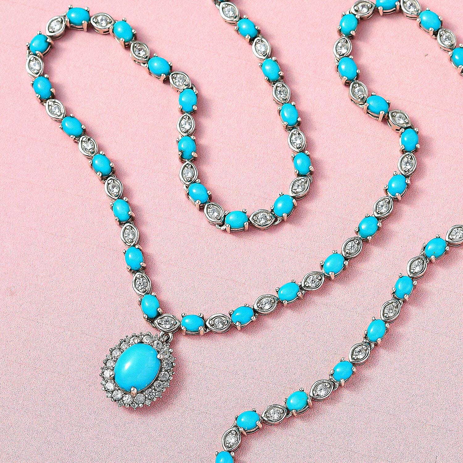 Arizona Sleeping Beauty Turquoise and Natural Zircon Necklace (Size - 20 with Ext.) in Platinum Overlay Sterling Silver 14.34 Ct, Silver Wt 17.71 Gms.
