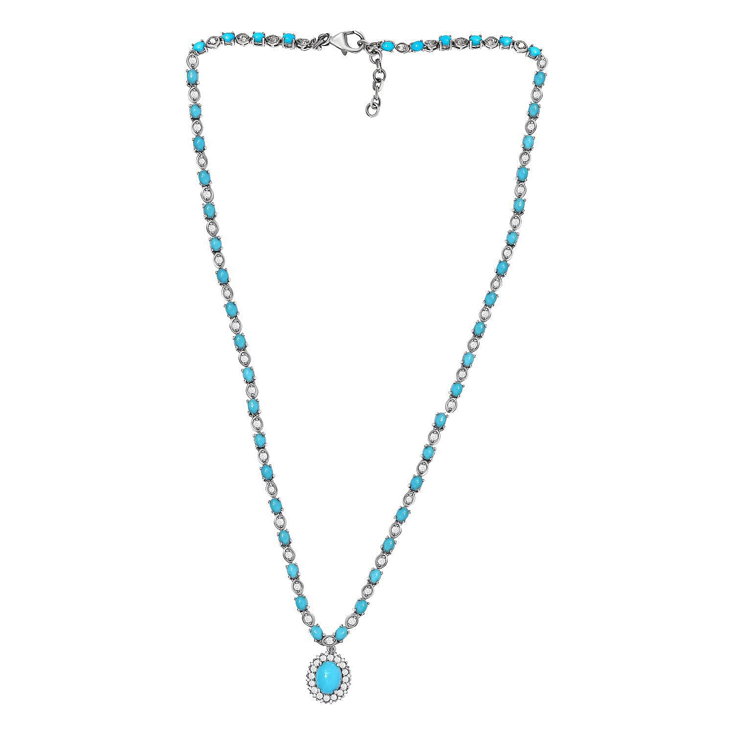 Arizona Sleeping Beauty Turquoise and Natural Zircon Necklace (Size - 20 with Ext.) in Platinum Overlay Sterling Silver 14.34 Ct, Silver Wt 17.71 Gms.
