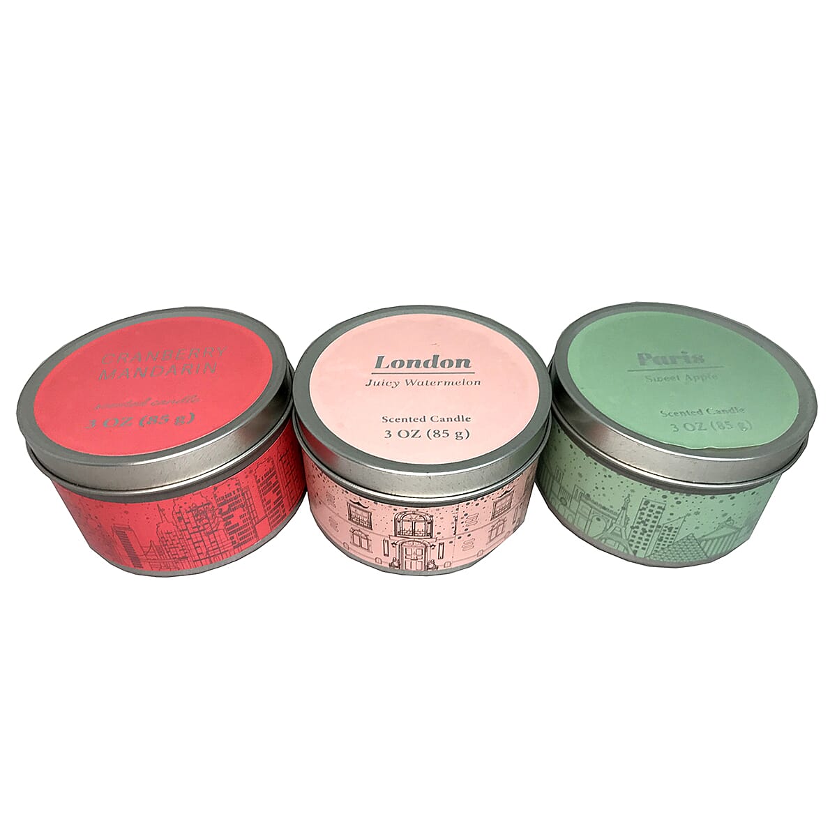Set of 3 Candle Tins - City (3 x85 Gms) - (Melon, Apple,Cranberry)