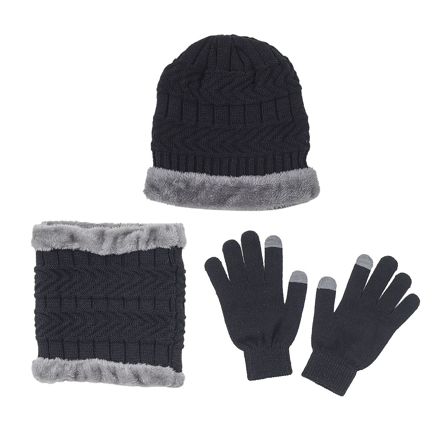 3 Piece Set - Arcylic Gloves, Hat & Scarf - Black