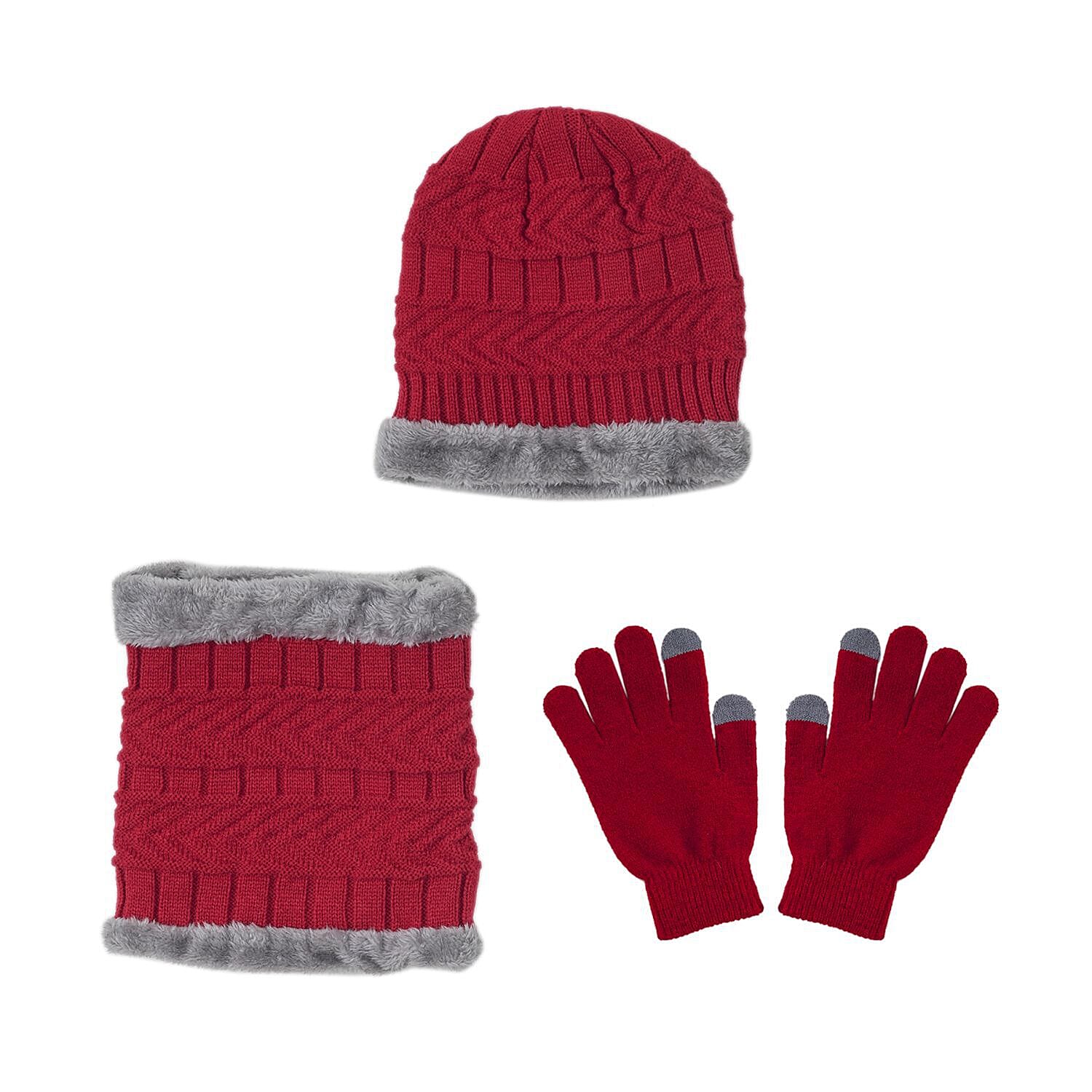 3 Piece Set - Winter Knit Slouchy Beanie Cap, Neck Warmer Scarf and Gloves - Red