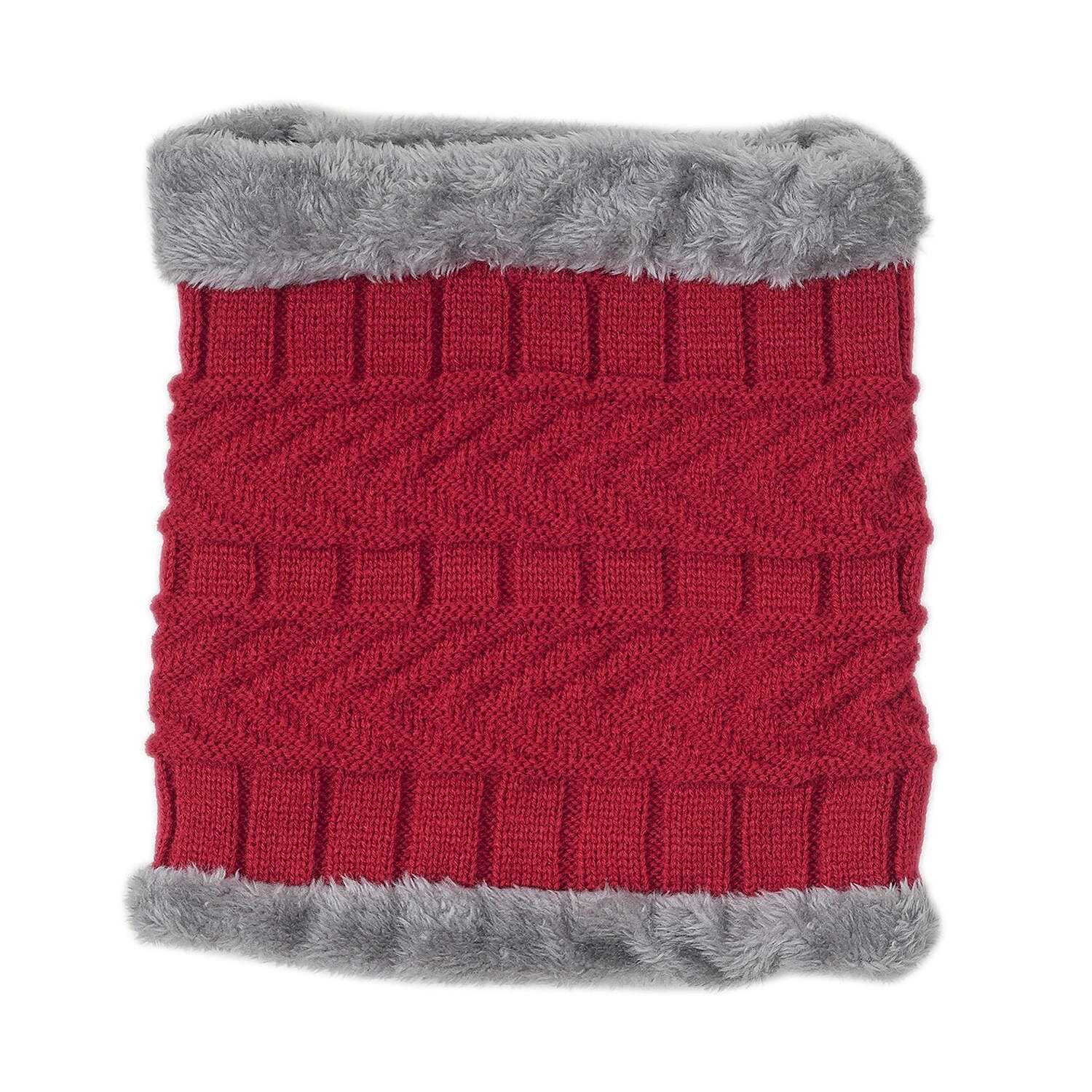 3 Piece Set - Winter Knit Slouchy Beanie Cap, Neck Warmer Scarf and Gloves - Red