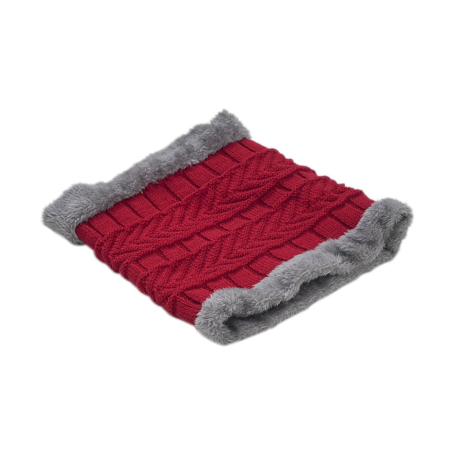 3 Piece Set - Winter Knit Slouchy Beanie Cap, Neck Warmer Scarf and Gloves - Red