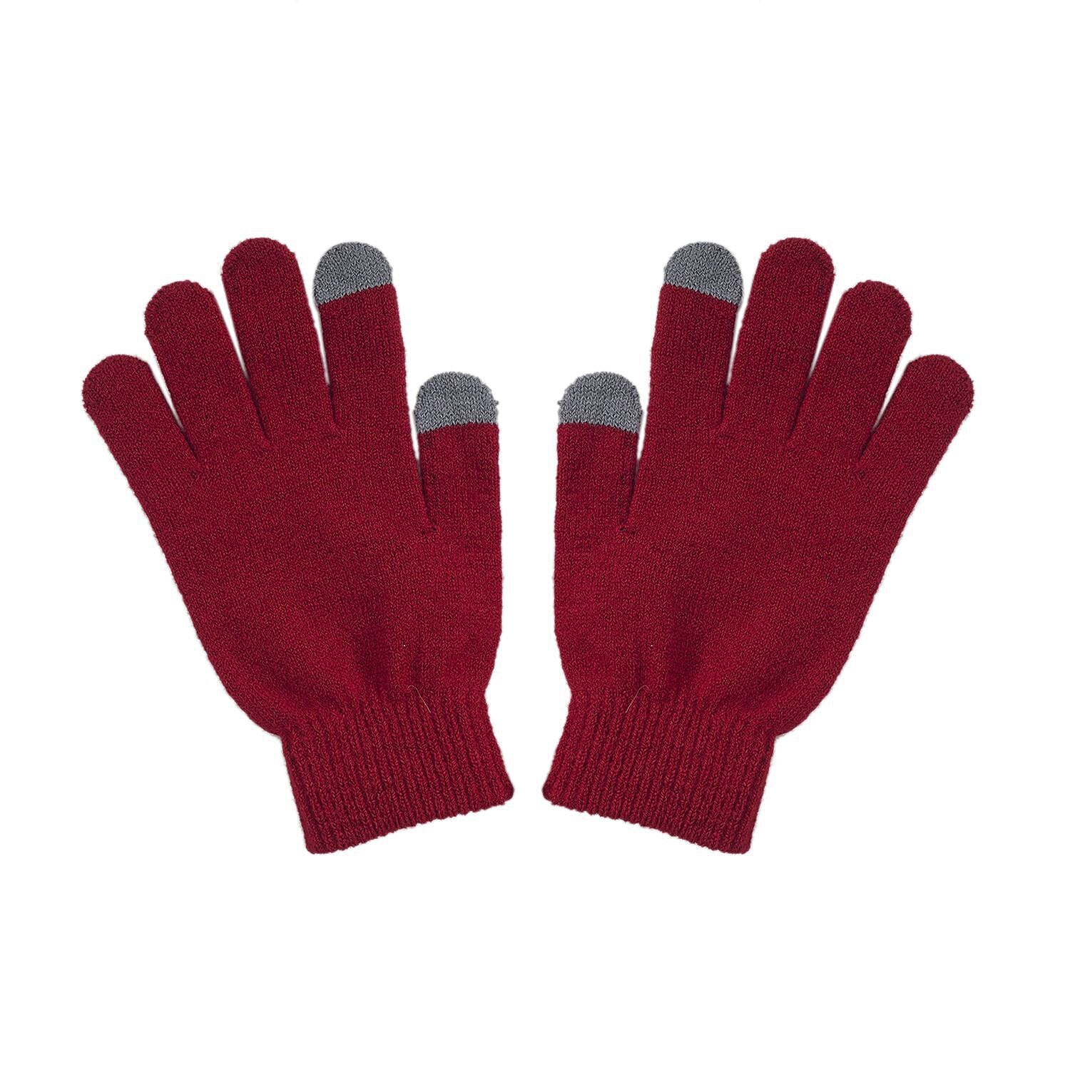 3 Piece Set - Winter Knit Slouchy Beanie Cap, Neck Warmer Scarf and Gloves - Red