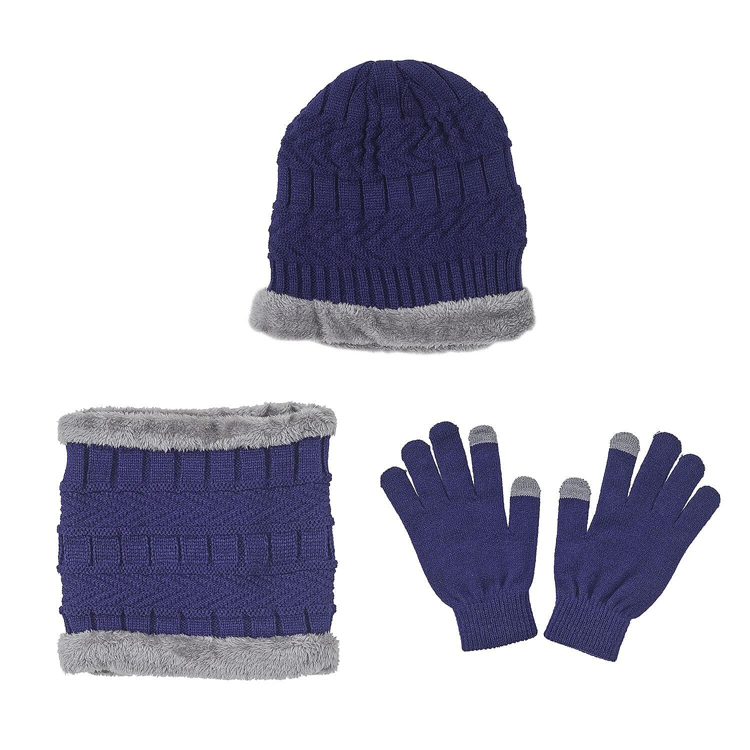 3 Piece Set - Winter Knit Slouchy Beanie Cap, Neck Warmer Scarf and Gloves - Navy