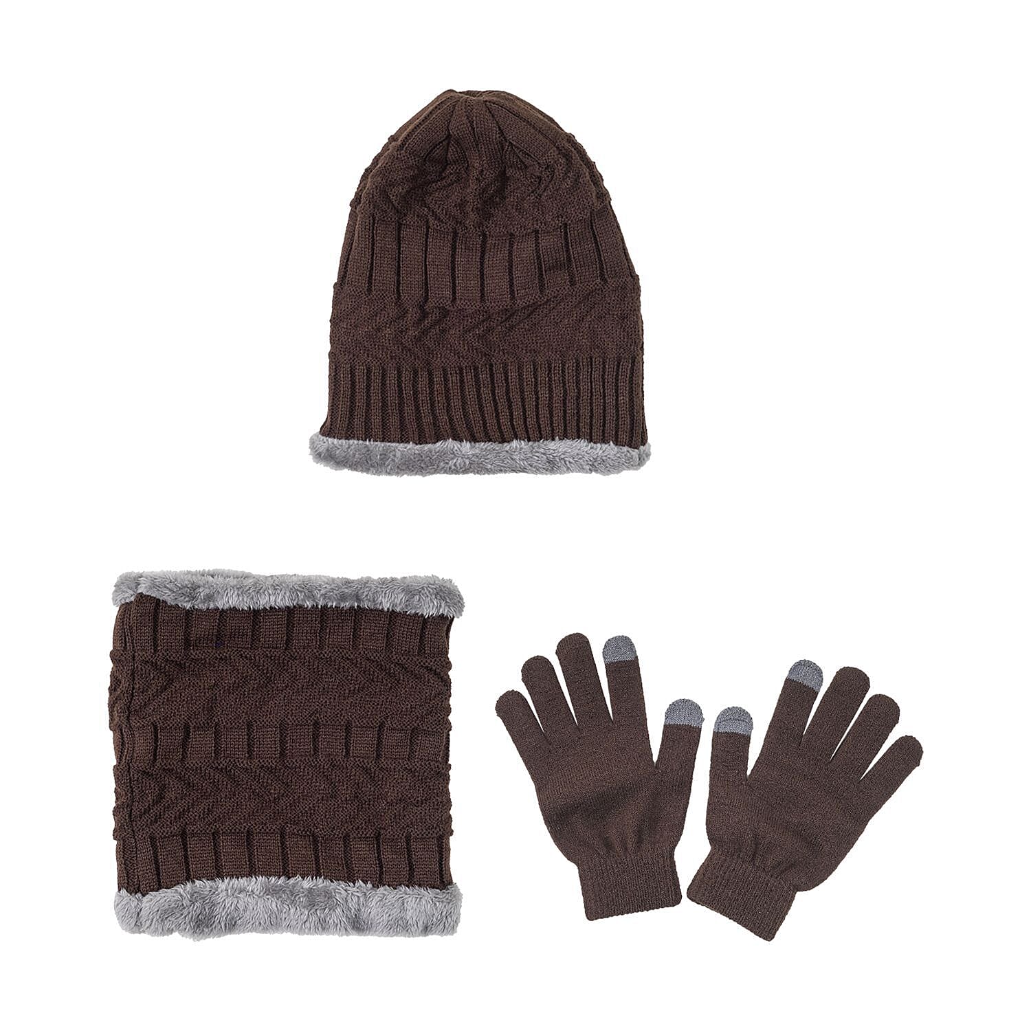 3 Piece Set - Gloves, Hat & Scarf - Dark Brown