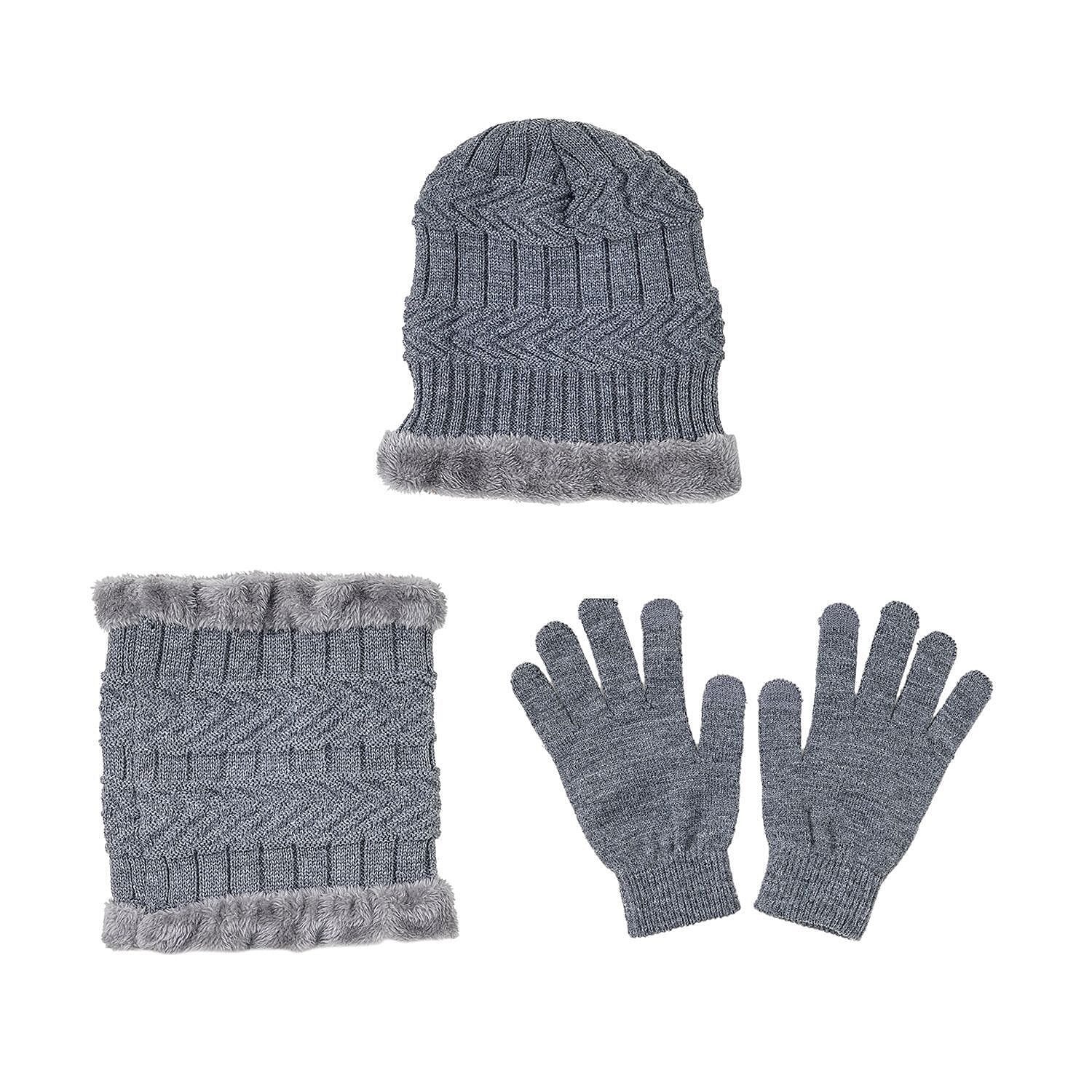 3 Piece Set - Winter Knit Slouchy Beanie Cap, Neck Warmer Scarf and Gloves - Light Grey