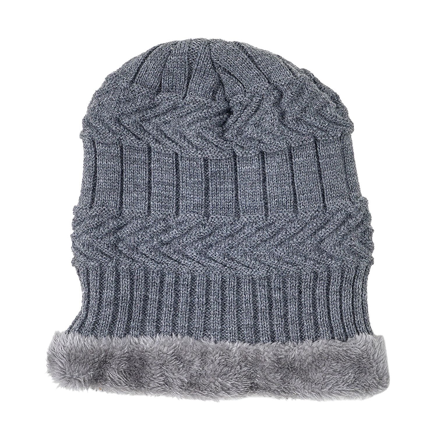 3 Piece Set - Winter Knit Slouchy Beanie Cap, Neck Warmer Scarf and Gloves - Light Grey