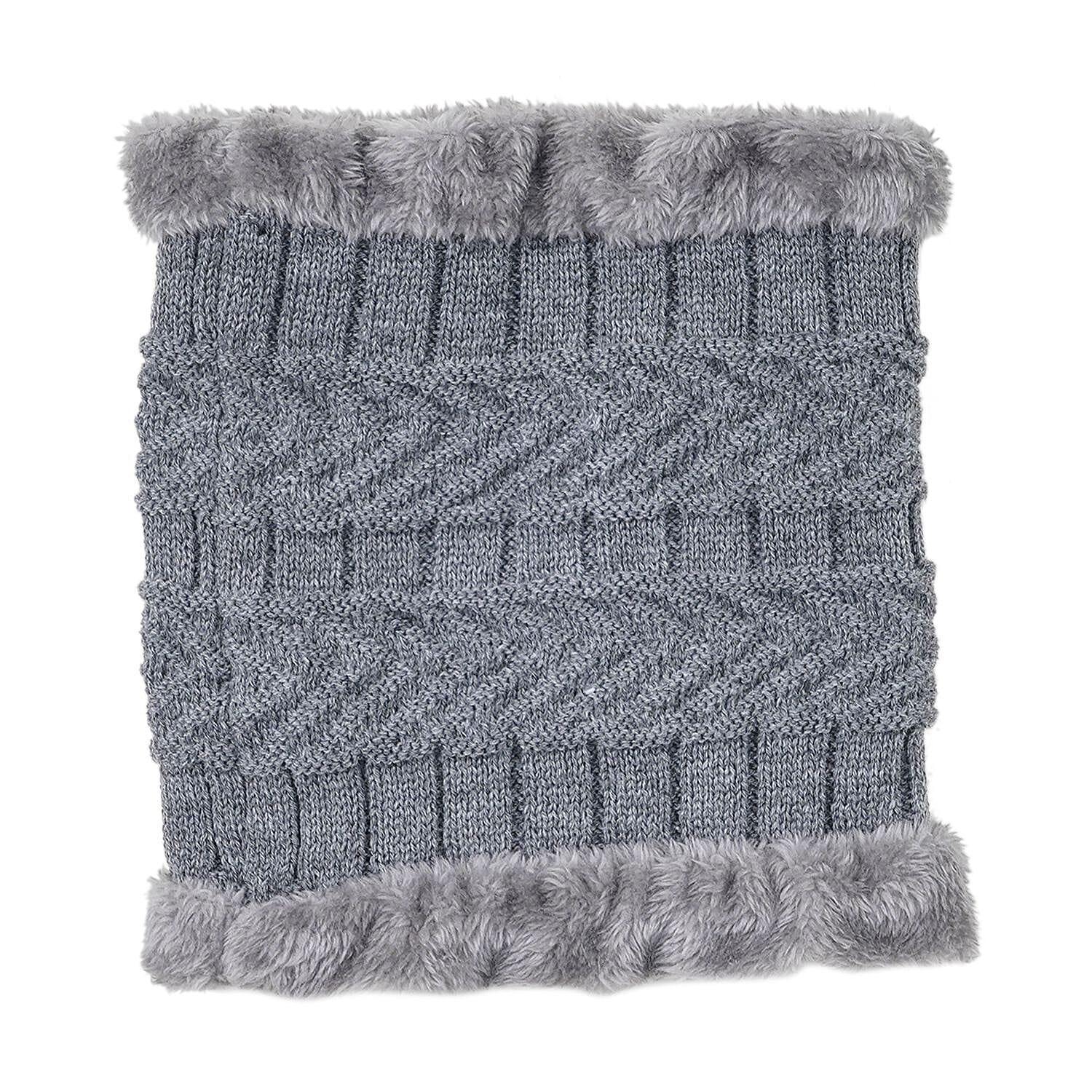 3 Piece Set - Winter Knit Slouchy Beanie Cap, Neck Warmer Scarf and Gloves - Light Grey