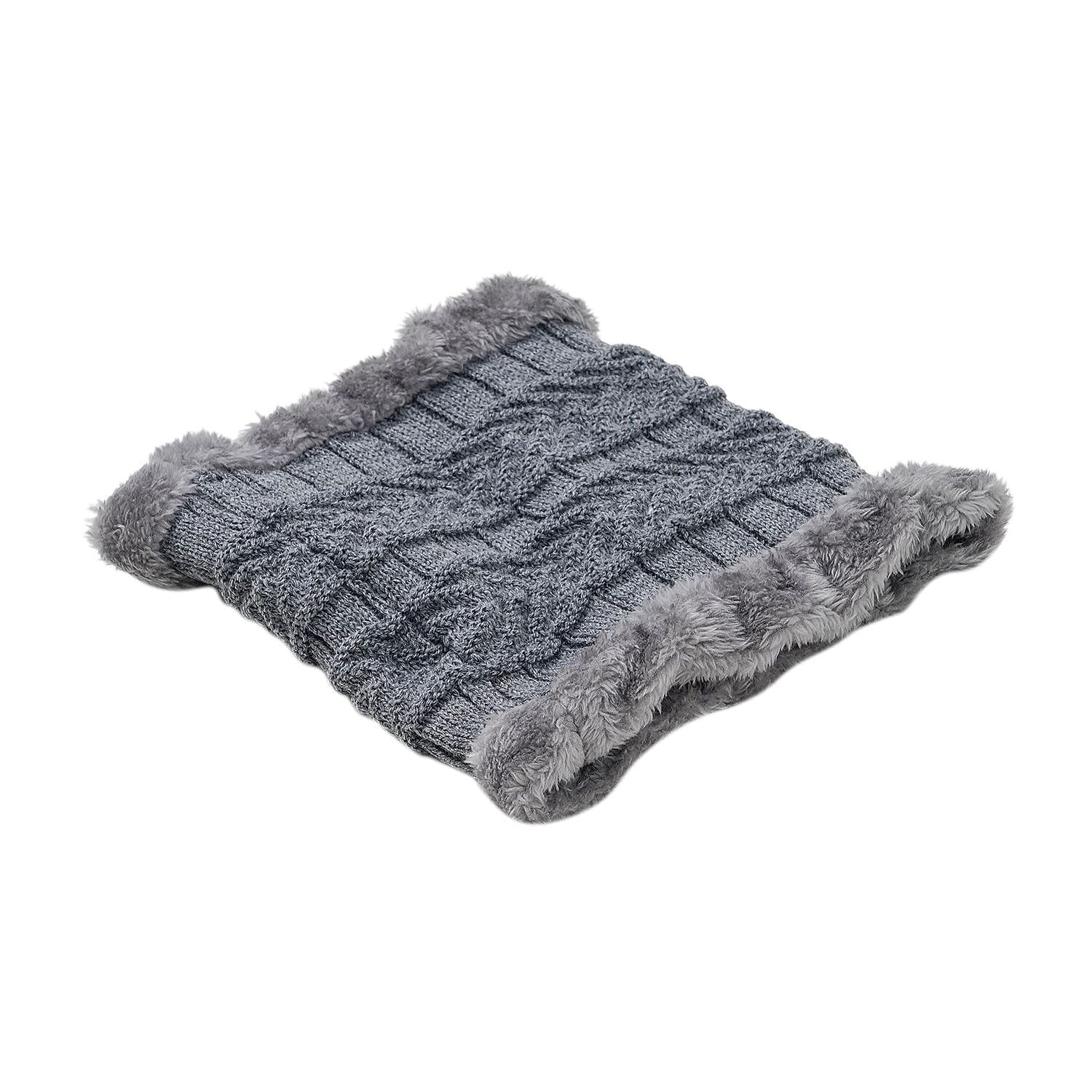 3 Piece Set - Winter Knit Slouchy Beanie Cap, Neck Warmer Scarf and Gloves - Light Grey